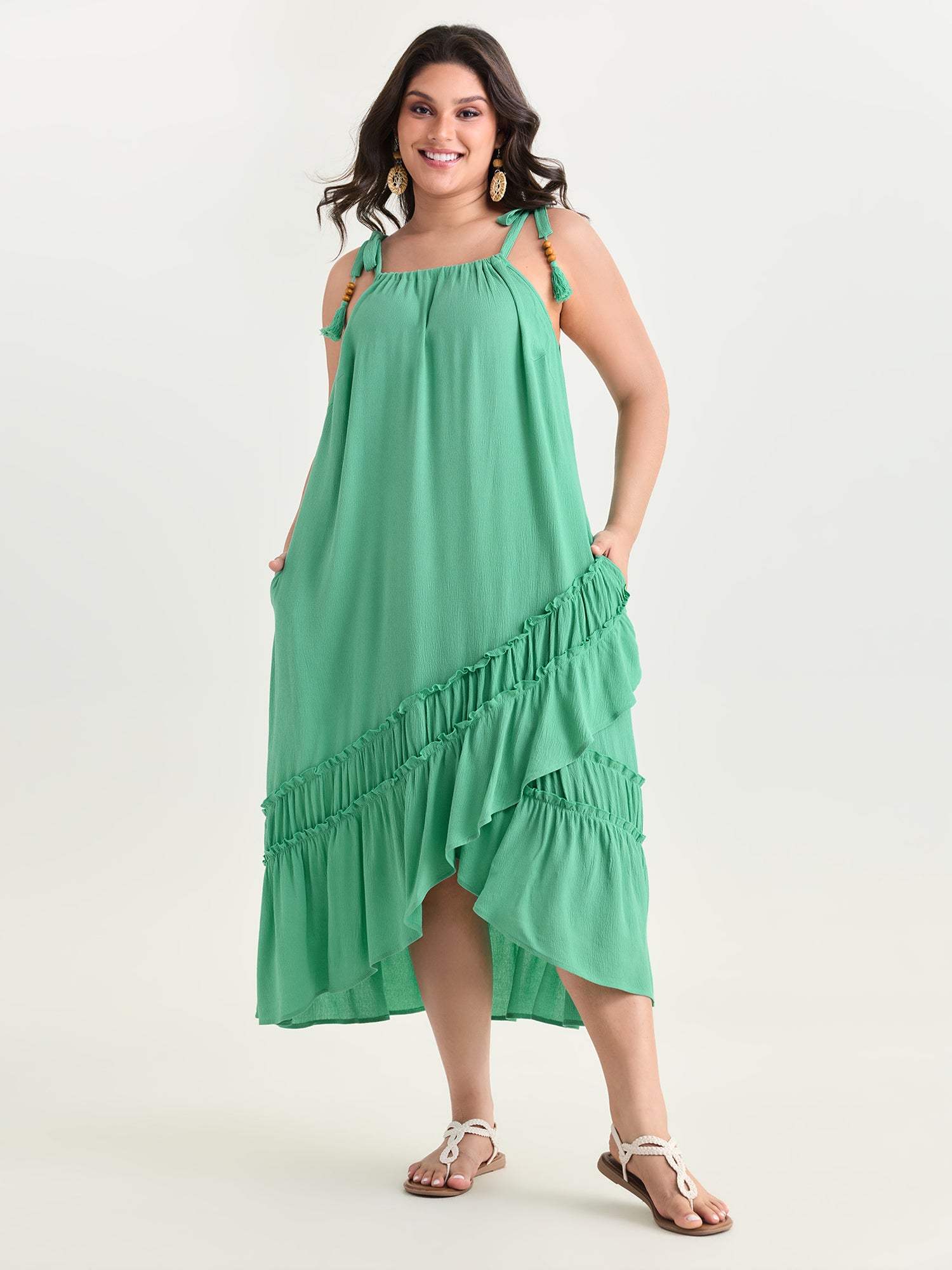 Asymmetrical Ruffled Wrap Hem Midi Dress