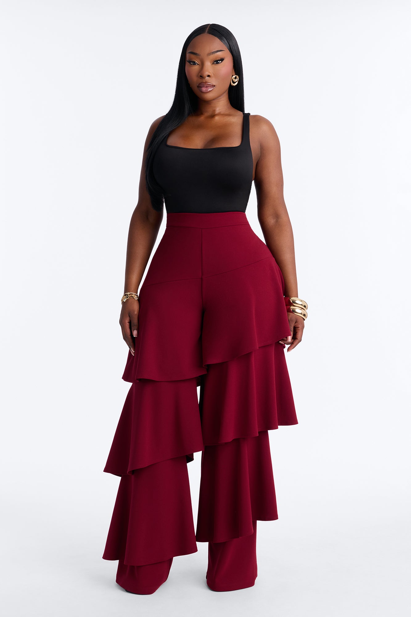 Heather High Rise Tiered Ruffle Wide Leg Pant - Burgundy