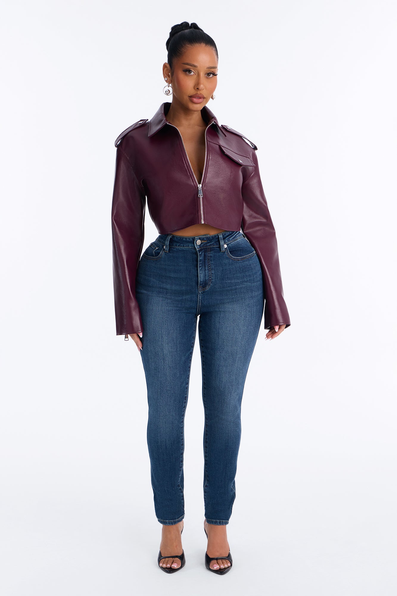Alexis Cropped Moto Jacket - Burgundy