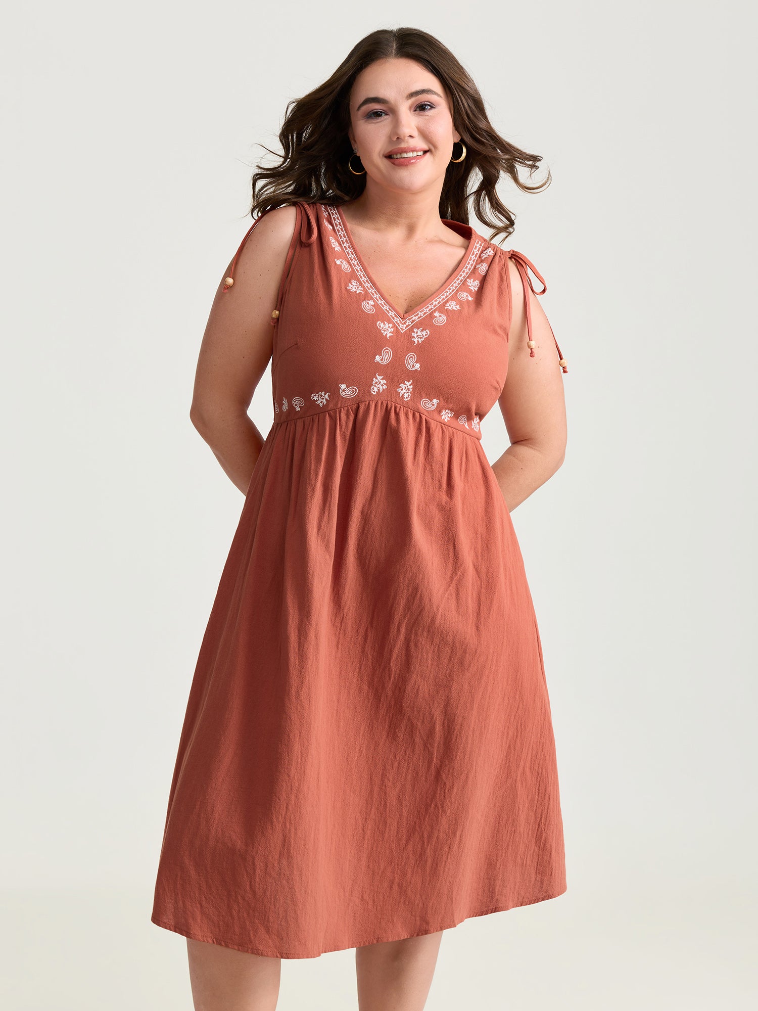 Pure Cotton Embroidered Adjustable Shoulder Midi Dress