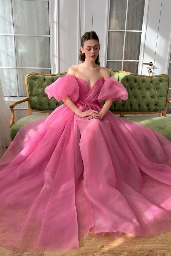 Dreamy Princess Puff Sleeves Split Evening Dress