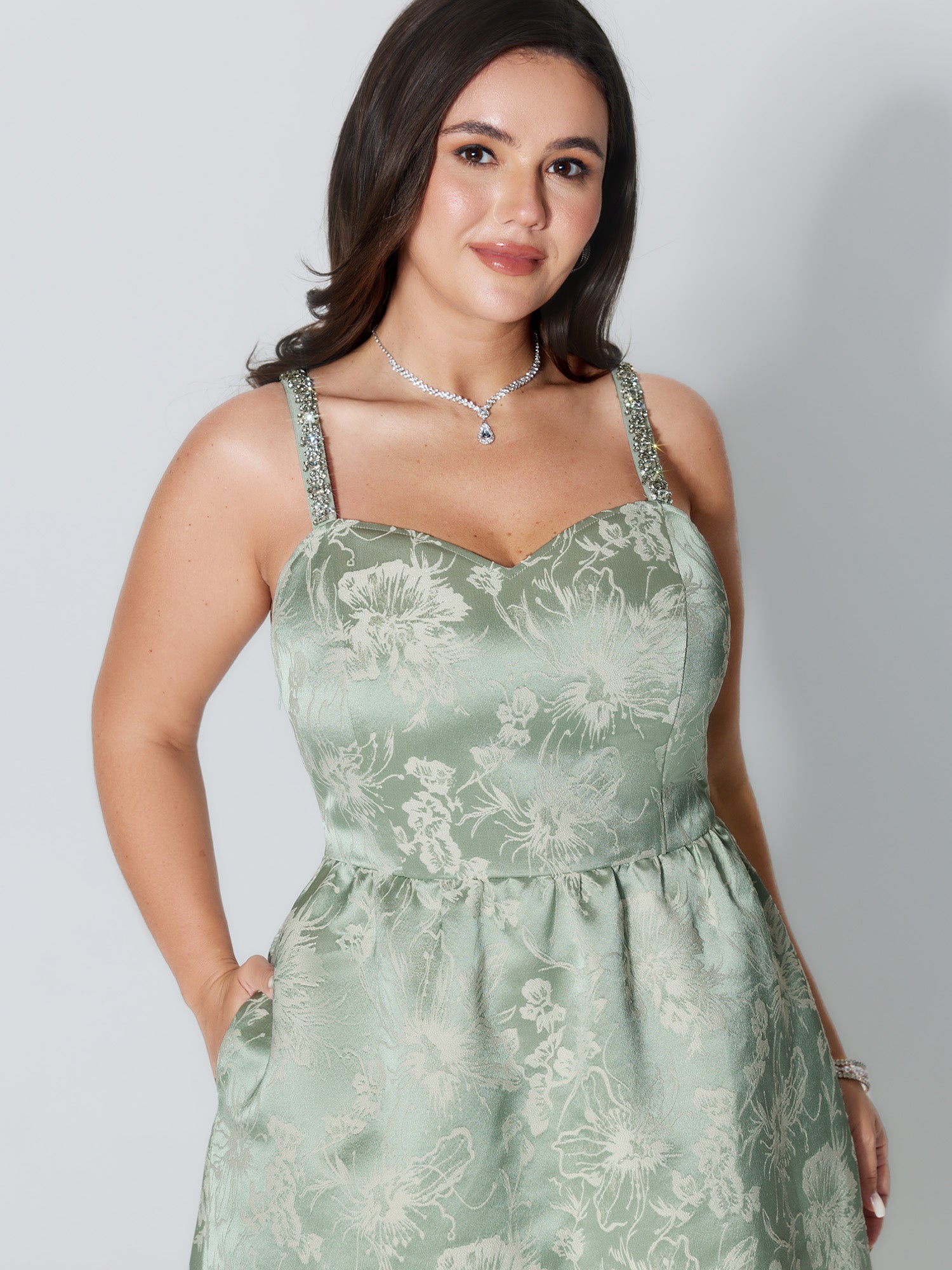 Floral Print Rhinestone Embellished Textured Midi Dress