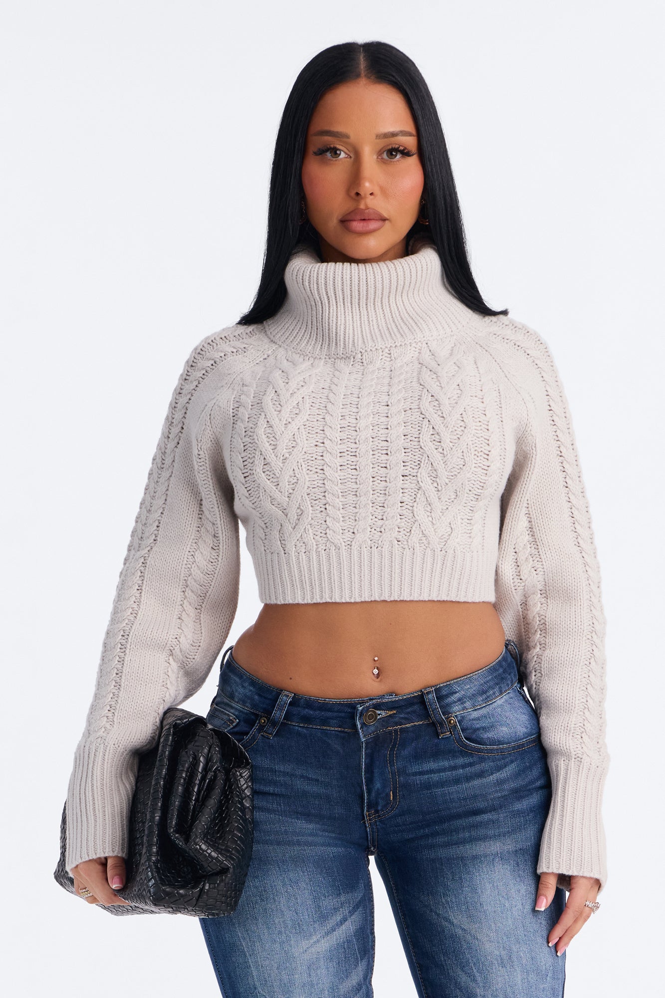 Tasia Cropped Cable Knit Funnel Neck Sweater - Light Grey