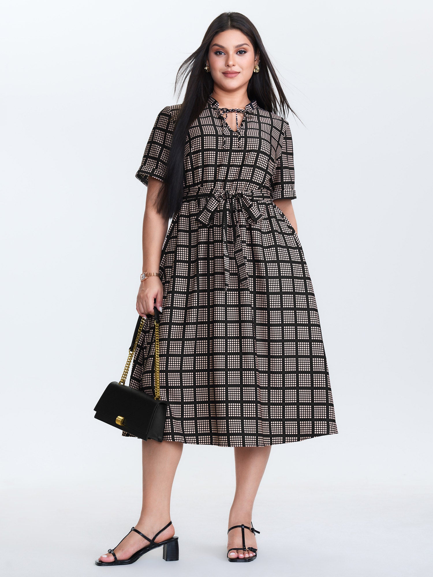 Grid Print Collar Waist-Tie Midi Dress