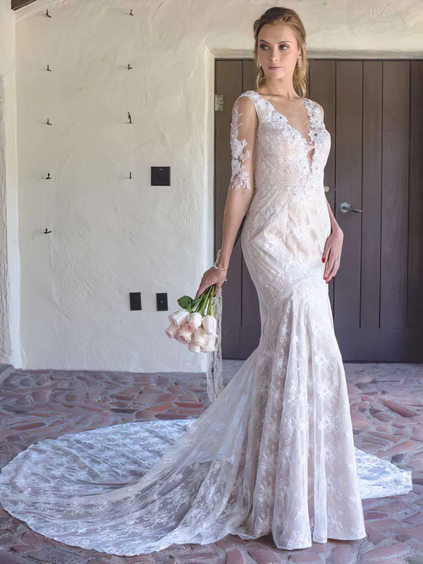Sexy Deep V-Neck Half Sleeves Mermaid Lace Court Train Wedding Dresses