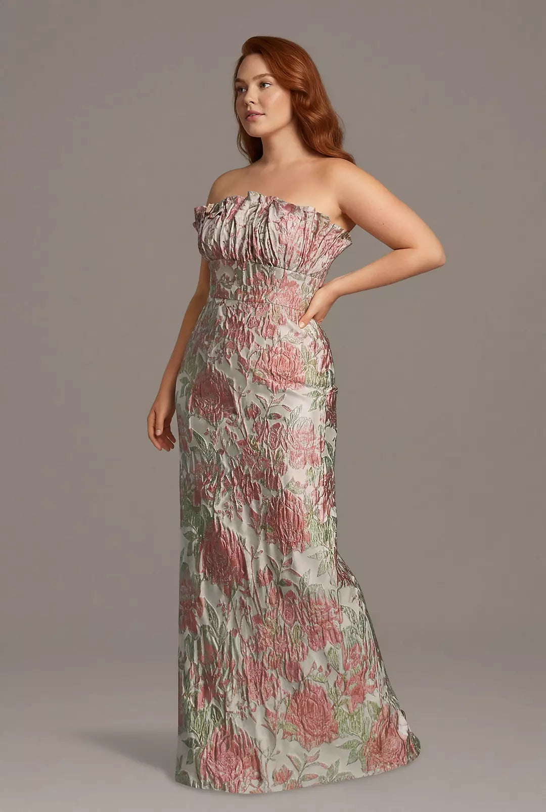Strapless Brocade Sheath Dress with Ruched Bodice