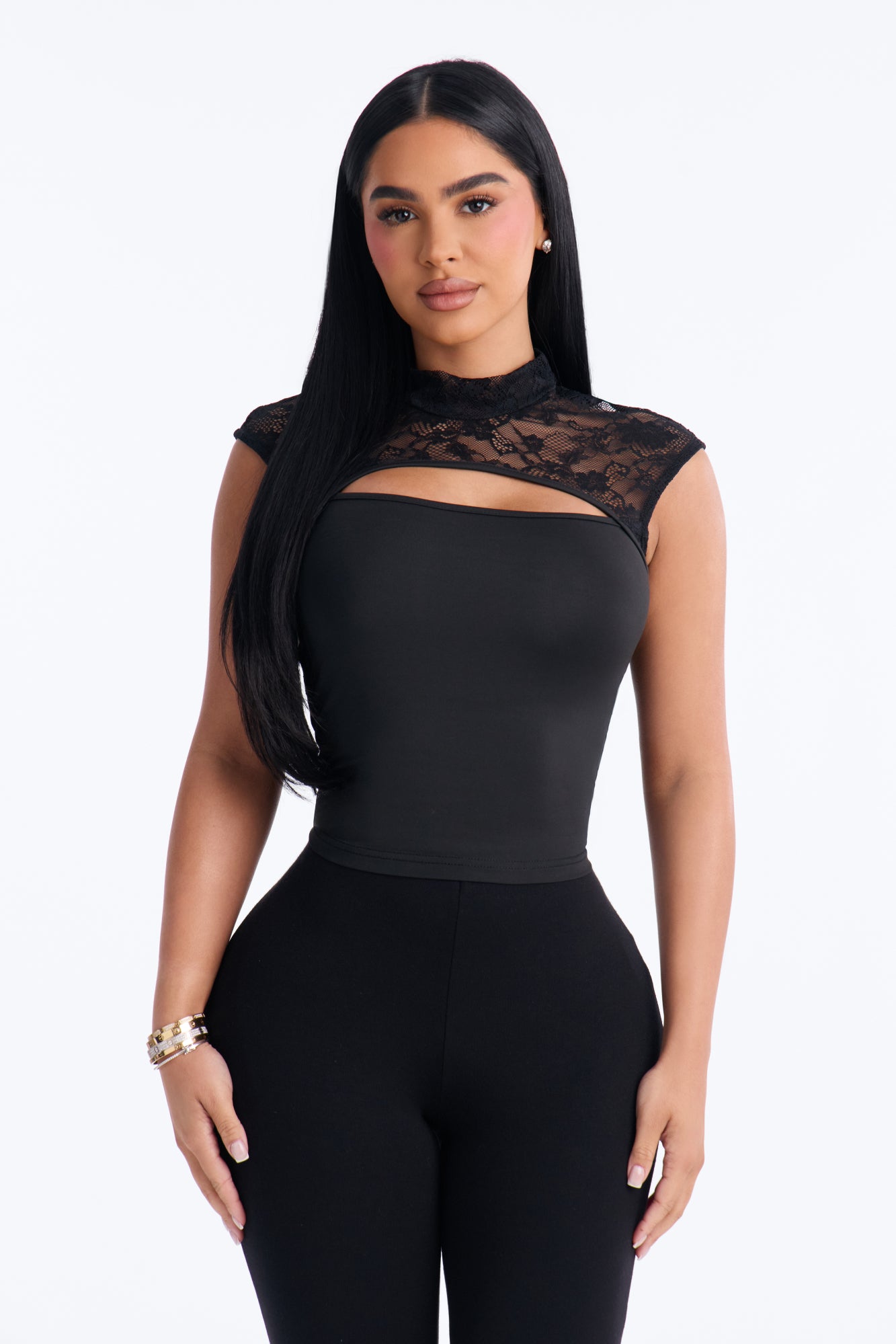 Madison Lace Mock Neck Cap Sleeve Top - Black