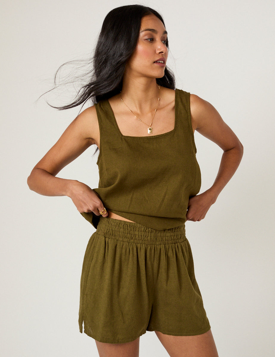 Khaki Green Linen-Rich Elasticated Shorts