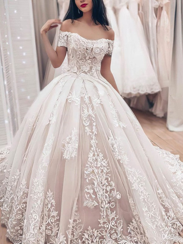 Elegant Off-The-Shoulder Lace Tulle Ball Gown Wedding Dresses with Appliques