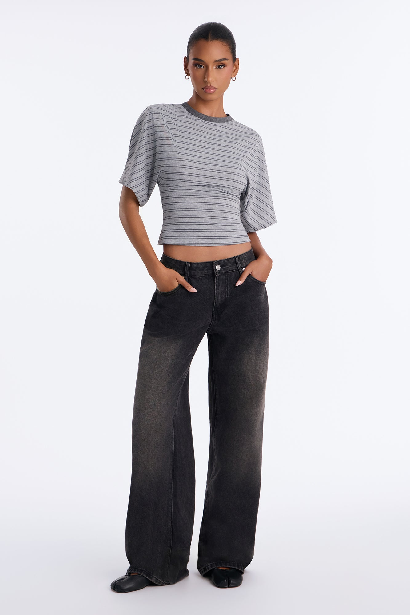 Sierra Striped Cinched Waist Short Sleeve Top - Grey/combo