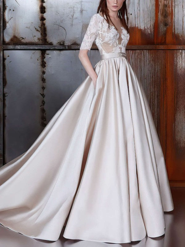 Elegant Court Train Ball Gown Half Sleeves Lace Satin Wedding Dresses with Sash