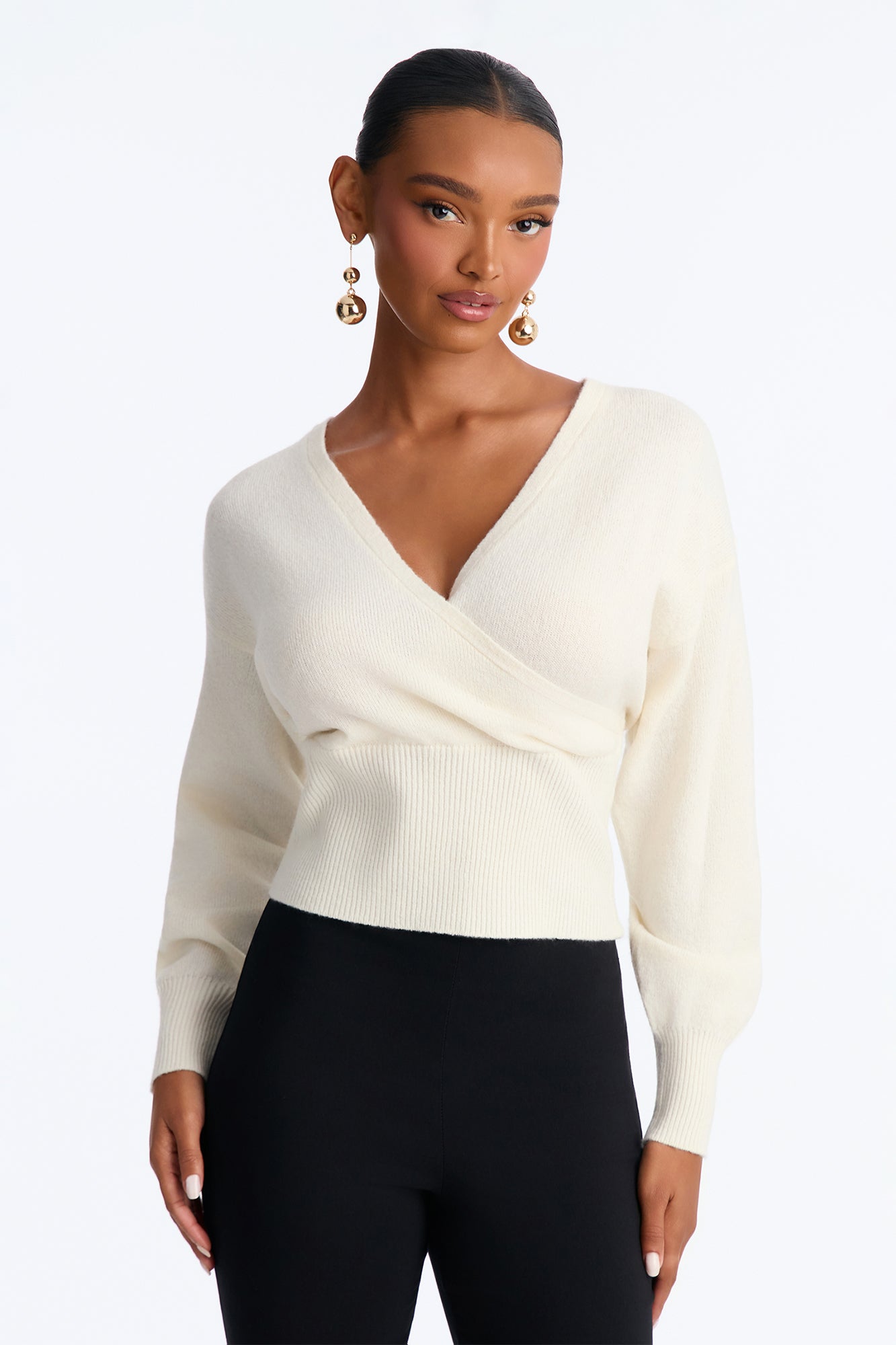 Madalyn Surplice Neck Long Sleeve Sweater - Ivory