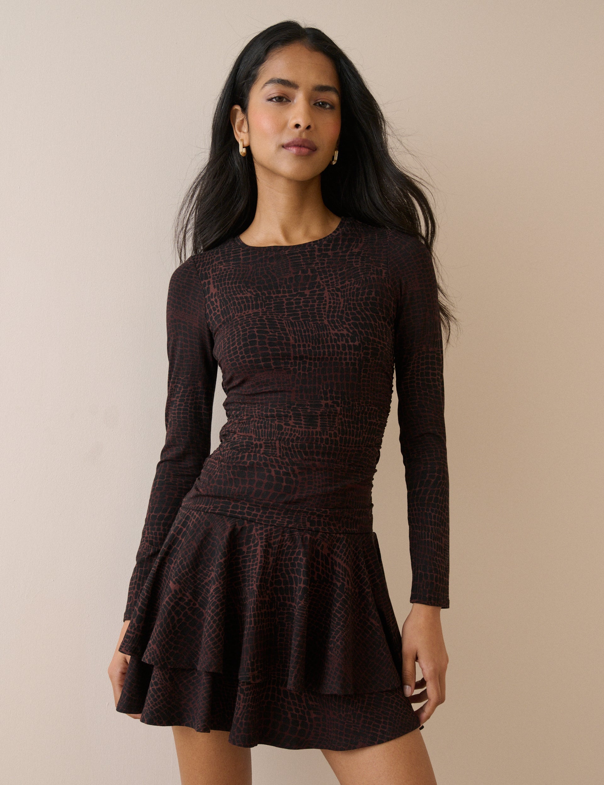 Brown Snake Print Long Sleeve Yuki Mini Dress