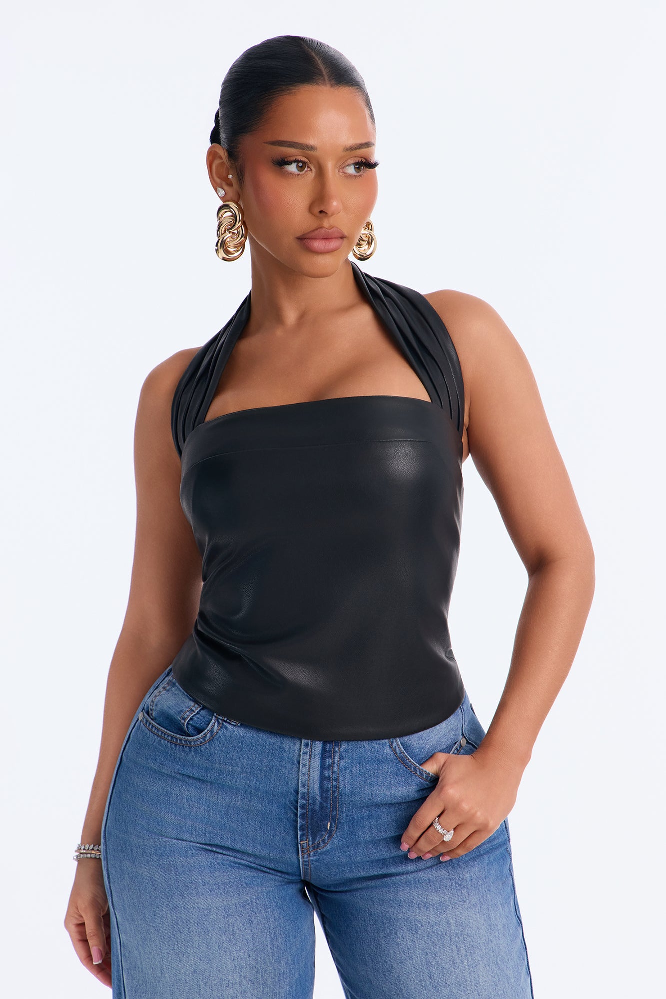 Mika Faux Leather Halter Top - Black