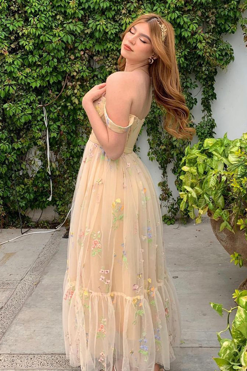 Champagne Long Prom Dress with Sweetheart Neckline and A-Line Princess Embroidery