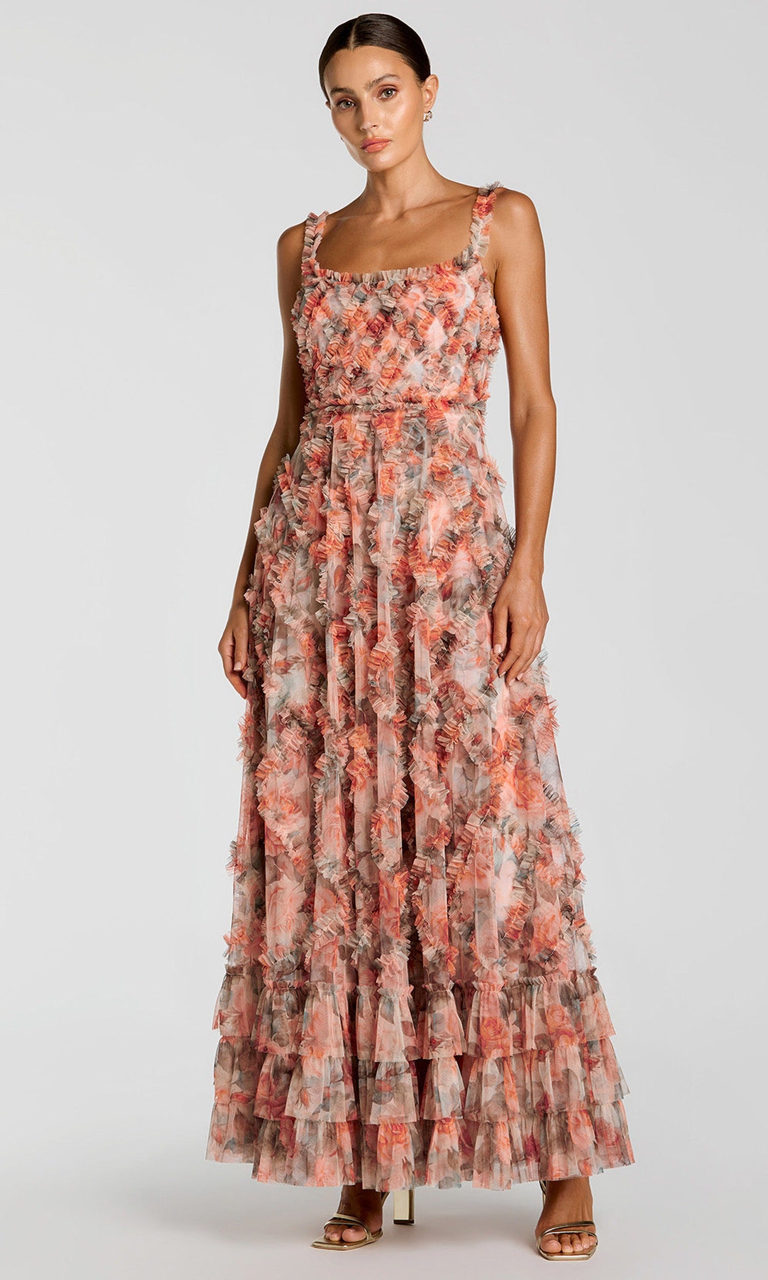 Mac Duggal 8424 - Floral Print A-Line Long Dress with Micro Ruffles
