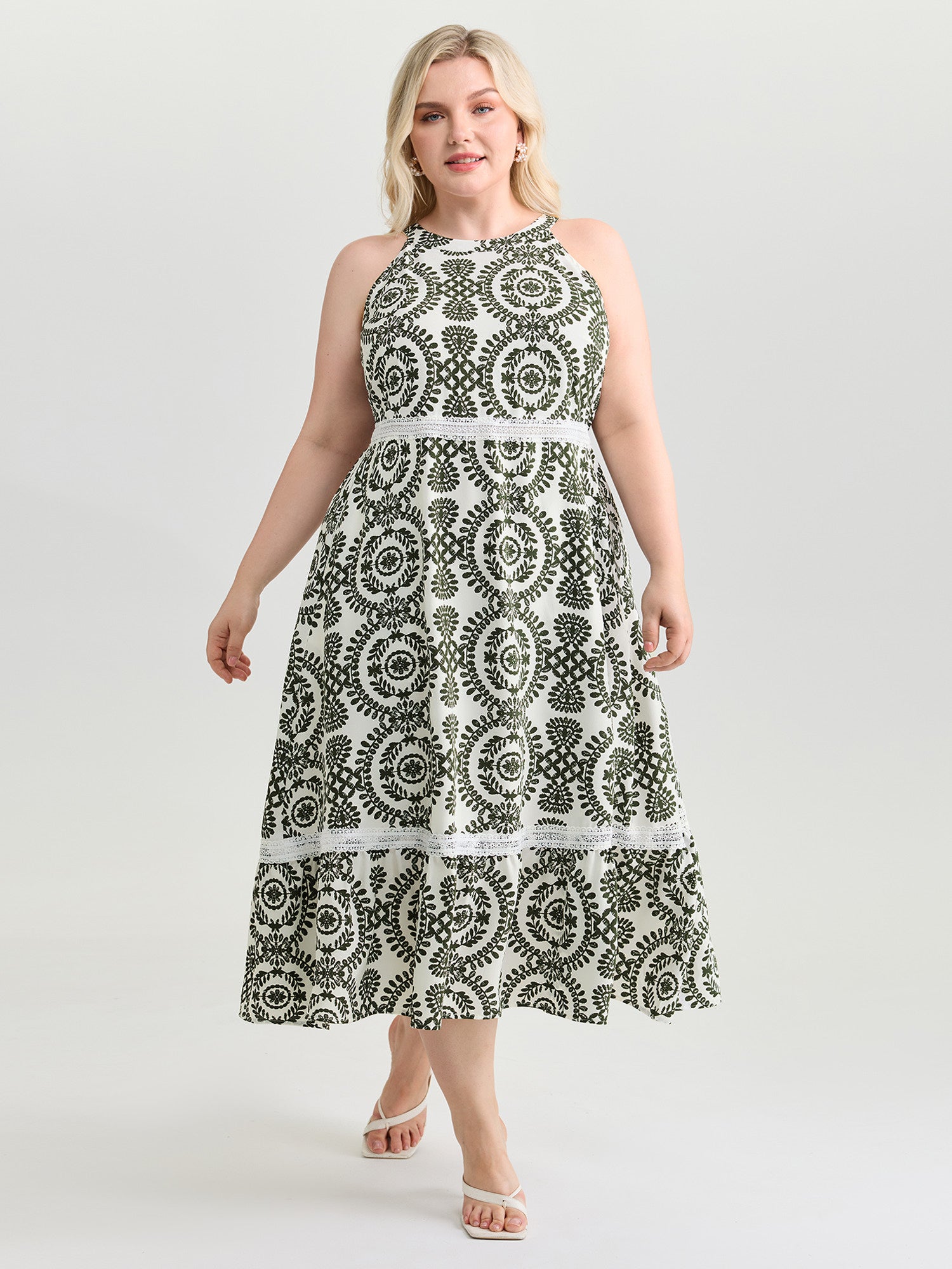 Ornate Print Lace Trim Halter Neckline Midi Dress