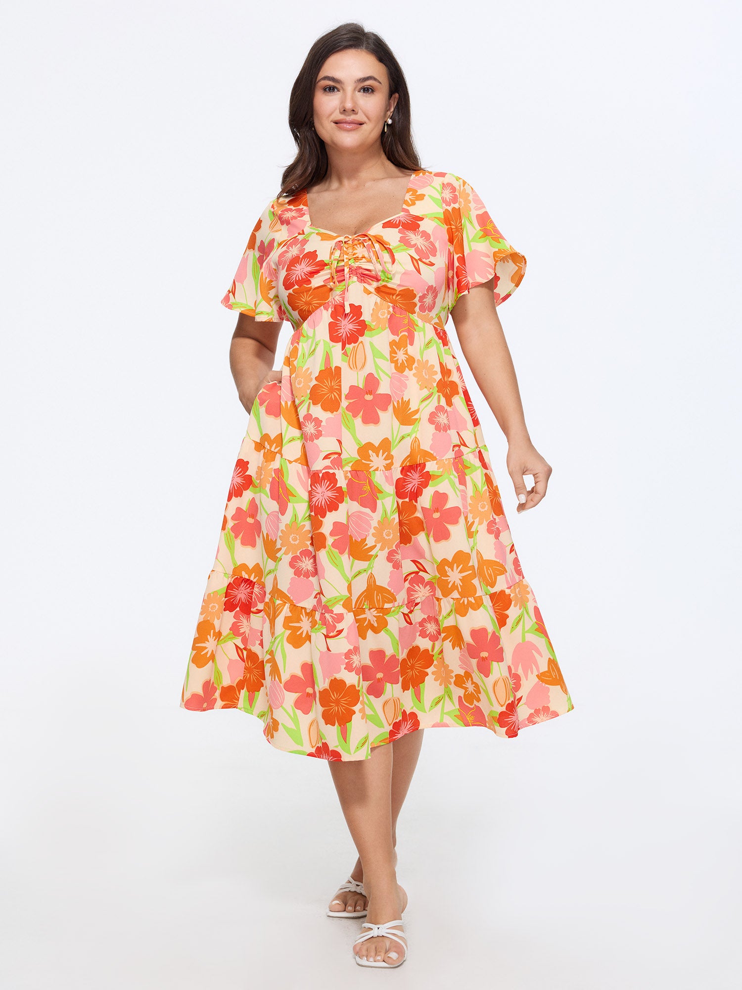 Floral Print Stretchy Waist Midi Dress
