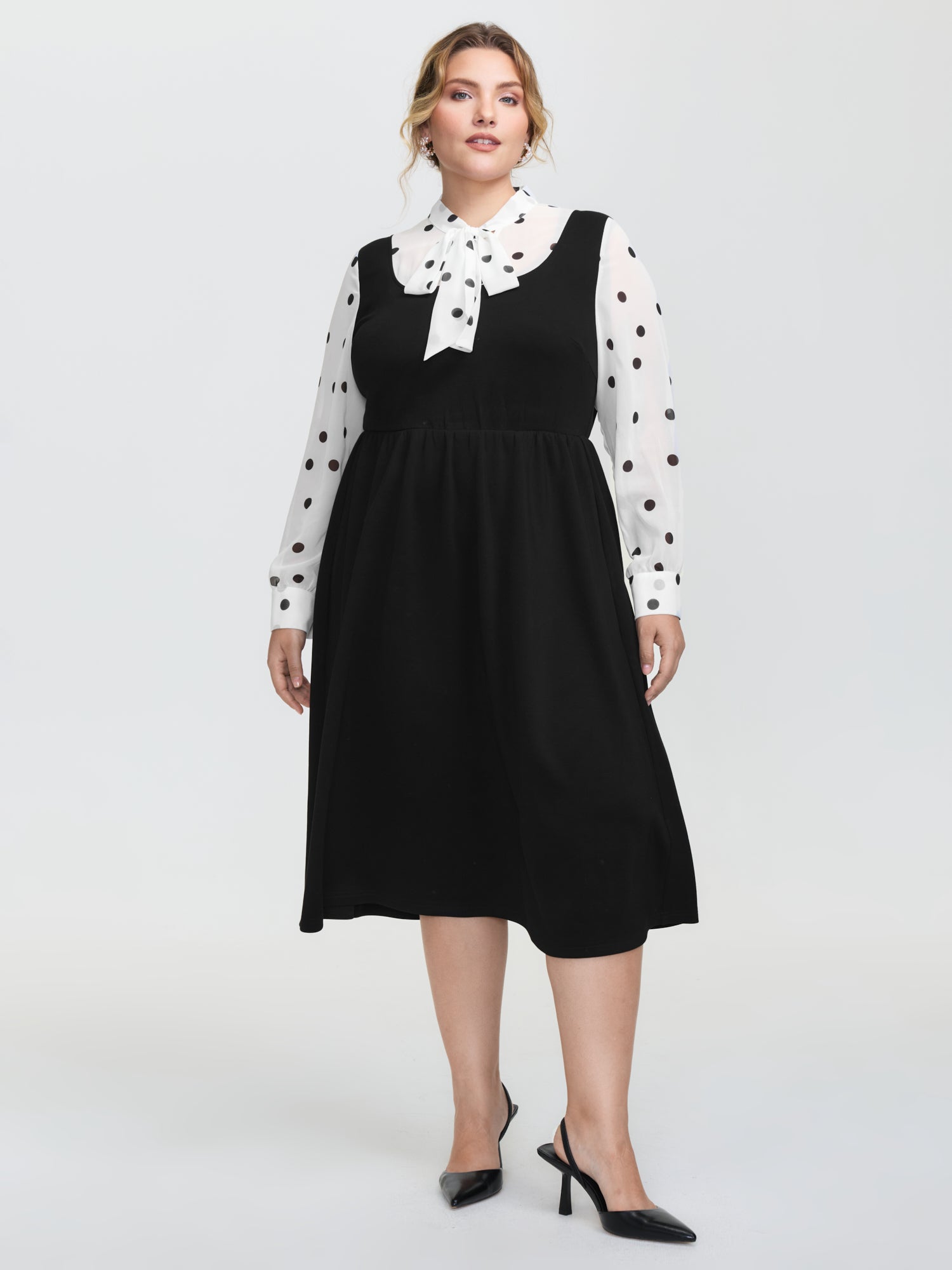 Polka Dot Neck Tie Midi Dress