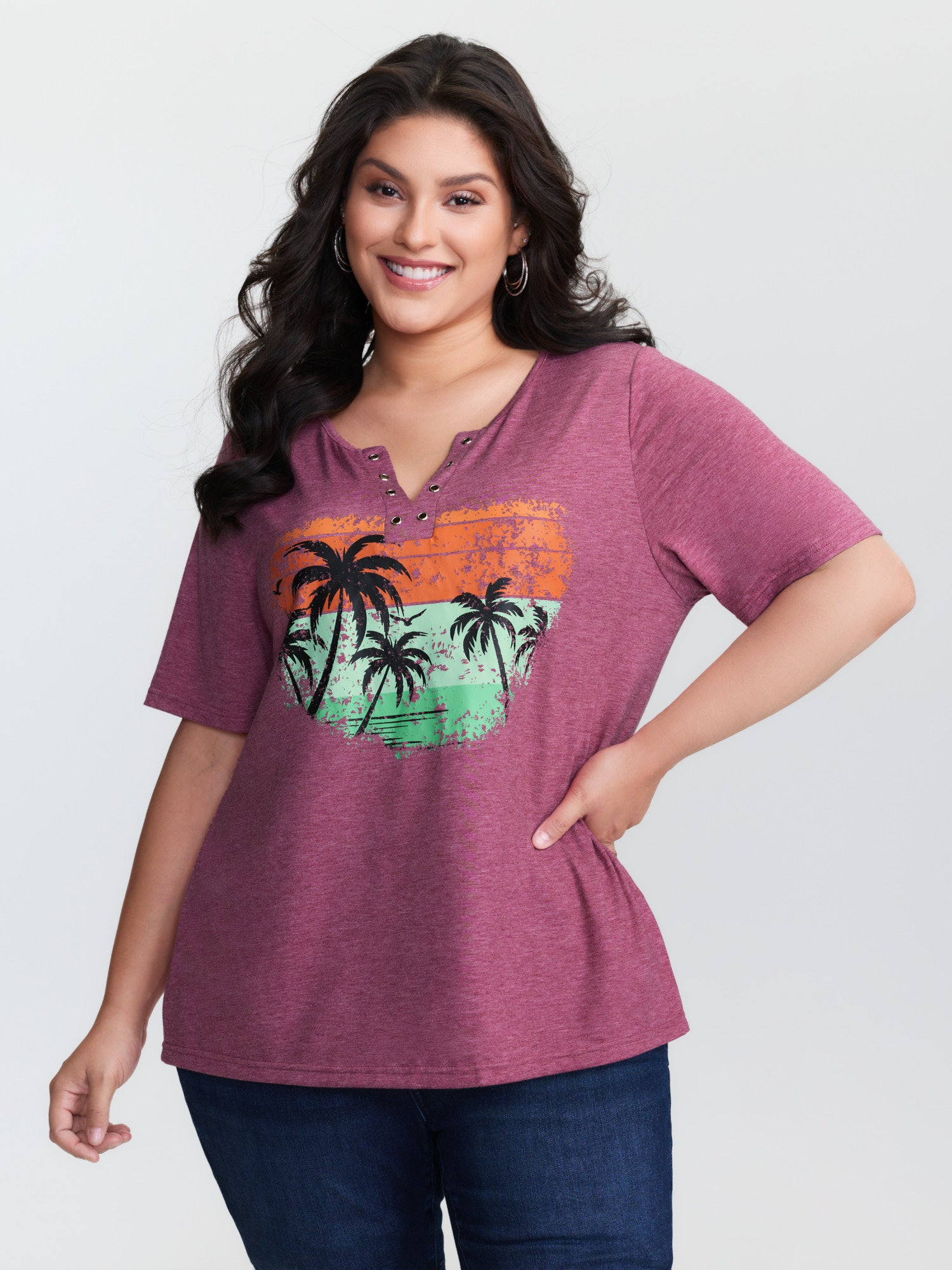 Supersoft Island Pattern Button Placket T-Shirt