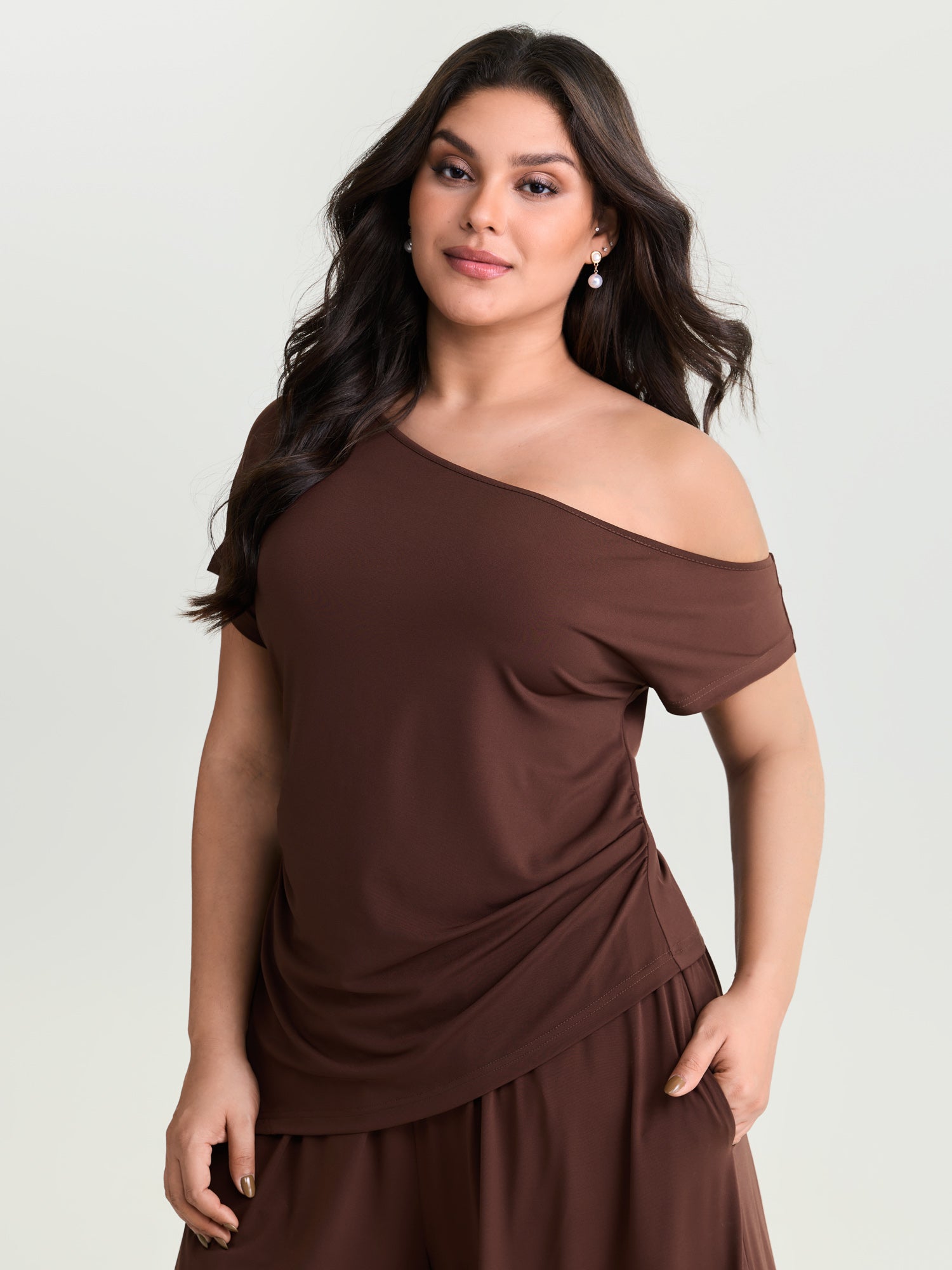 Supersoft Stretchy One-Shoulder Ruched Knit Top