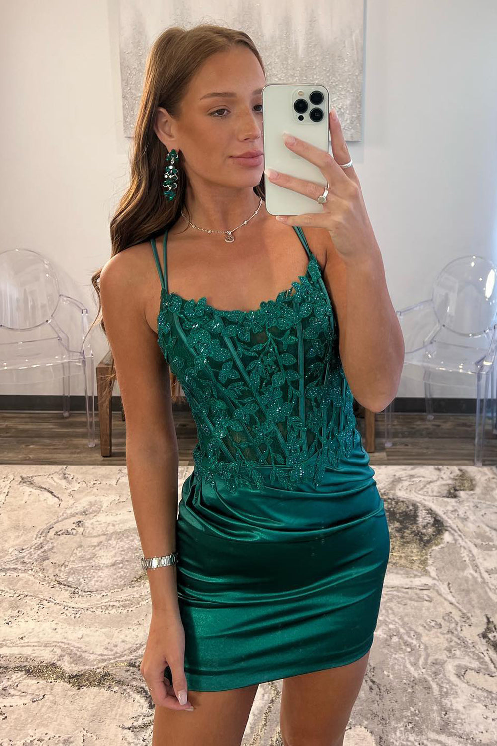 Glitter Dark Green Corset Spaghetti Straps Tight Short Homecoming Dress/Mini Dress with Lace