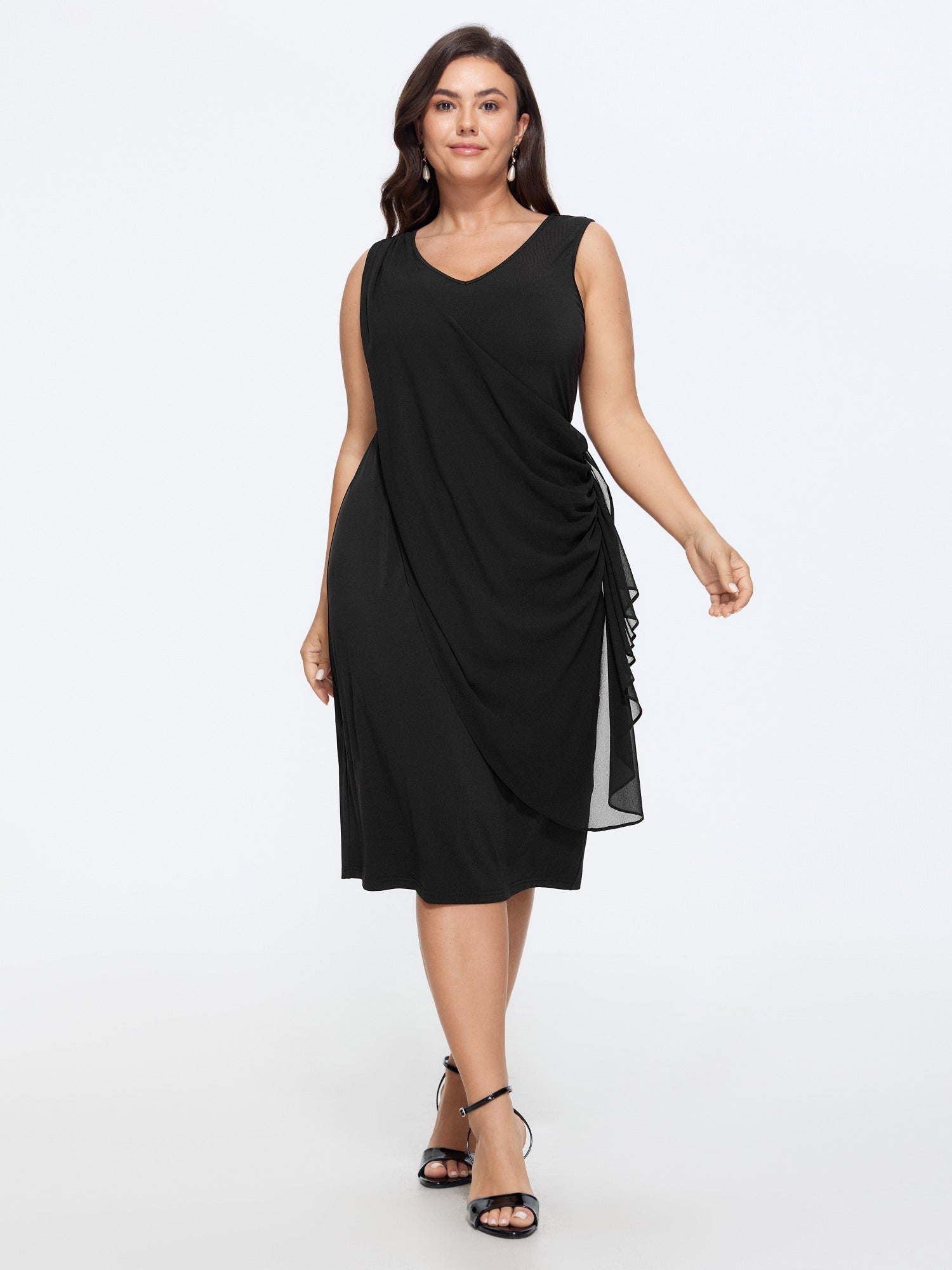 Mesh Ruffle Side Drawstring Bodycon Midi Dress