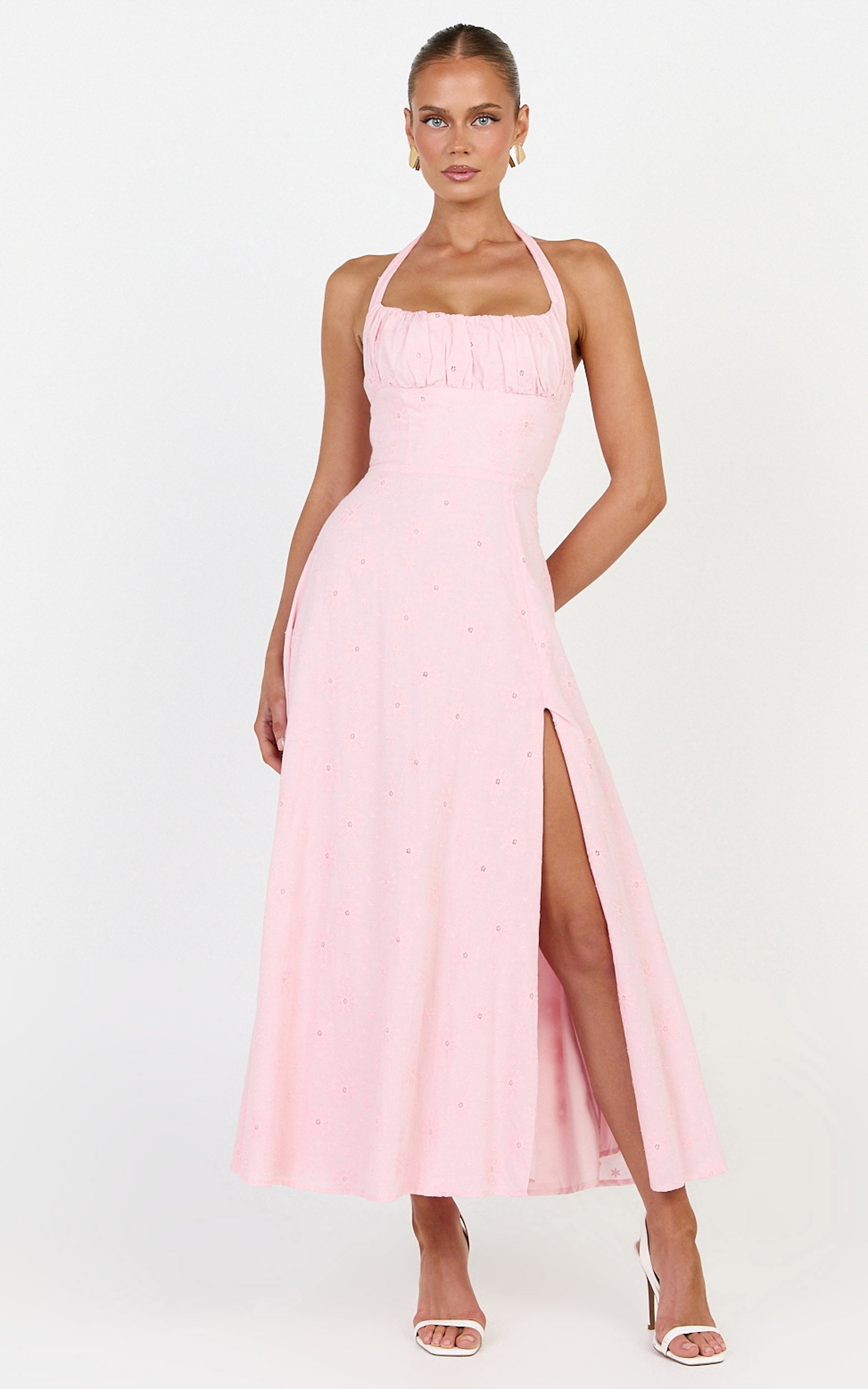 Lyra Midi Dress - Broderie Ruched Bust Halter Neck Dress in Pink