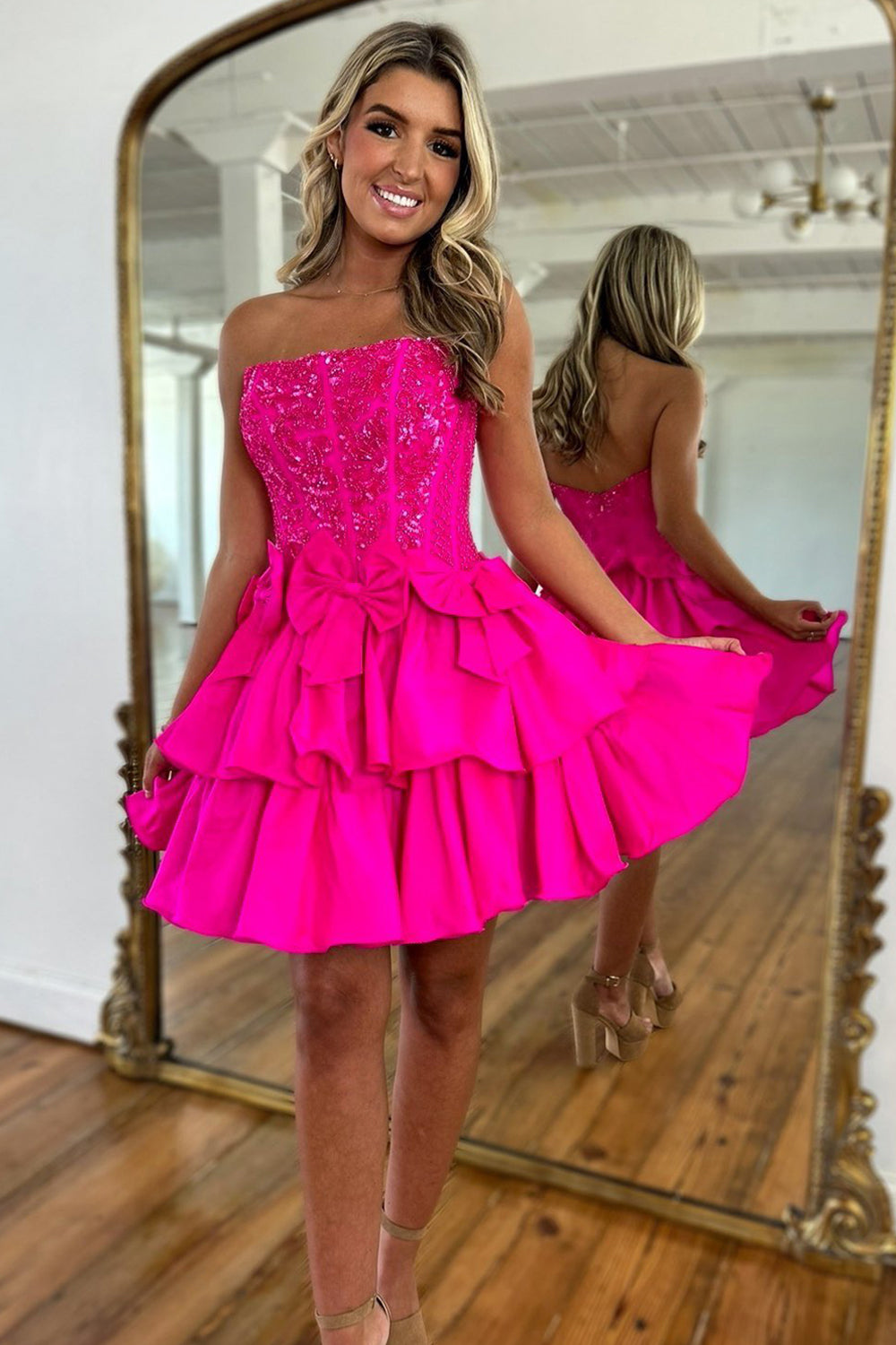 Sparkly Fluffy Fuchsia Tight Short Homecoming Dress/Mini Dress with Ruffles