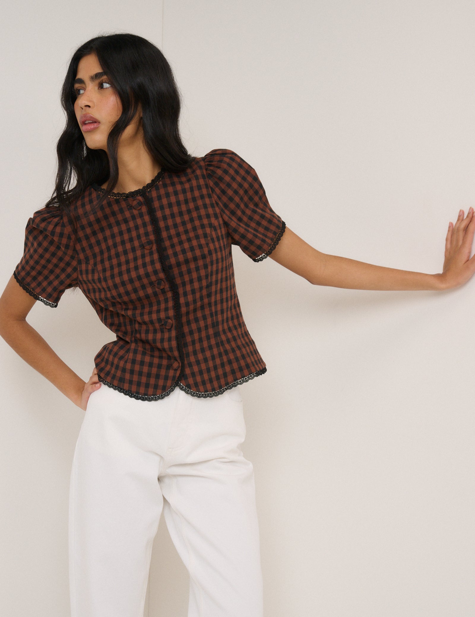 Brown Gingham Puff Sleeve Top