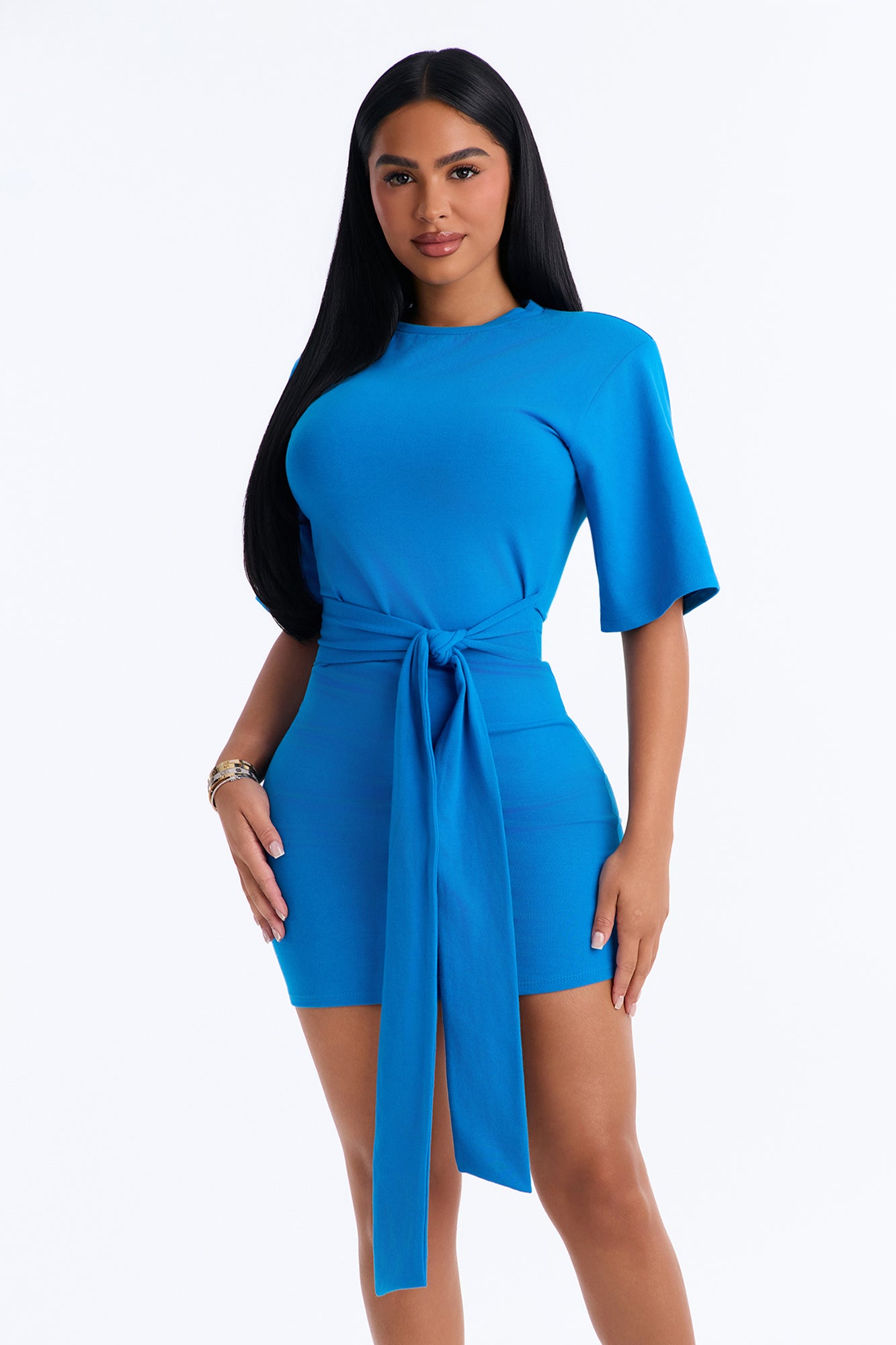 Kalani Tie Front Short Sleeve Mini Dress - Blue