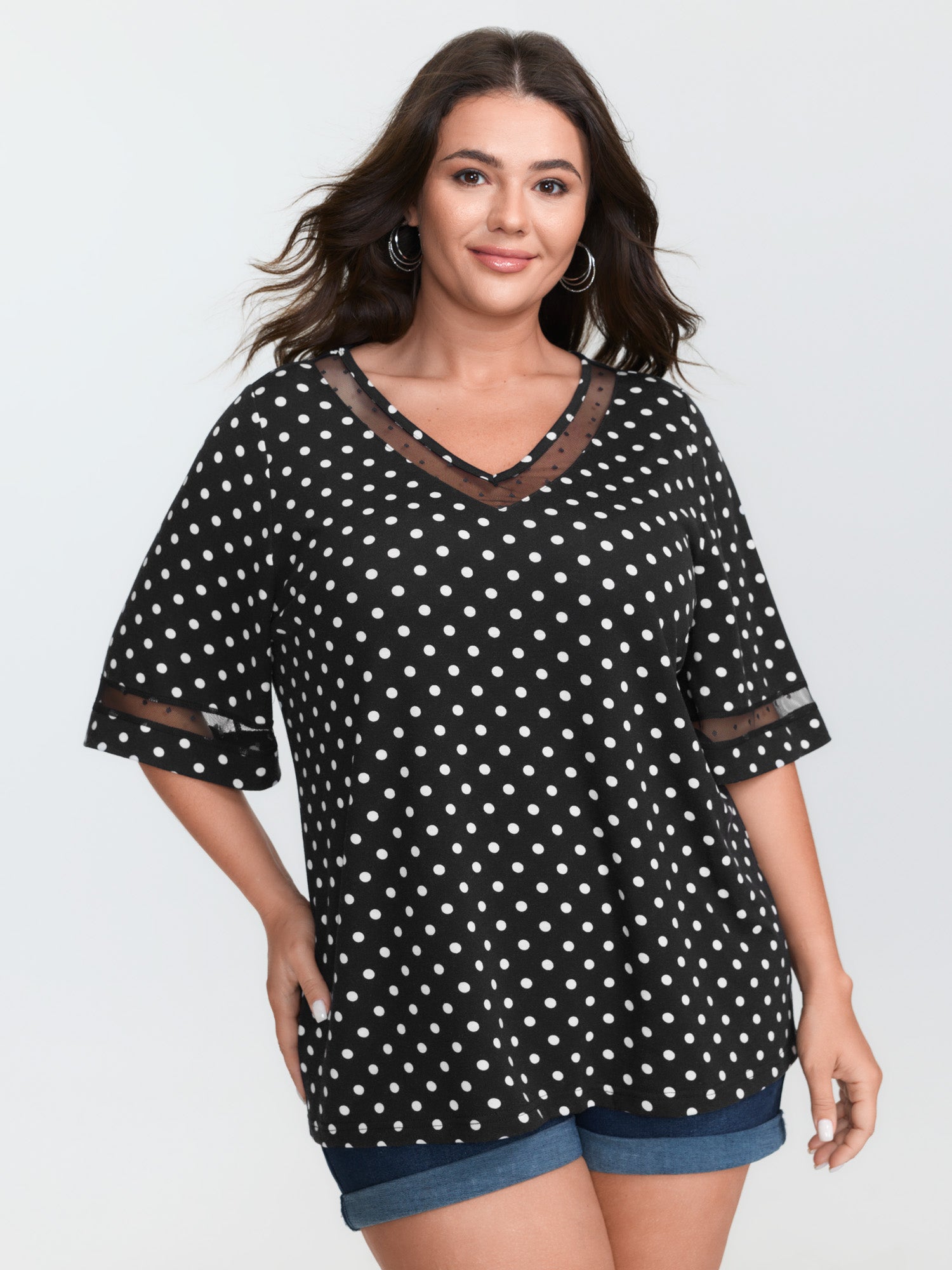 Polka Dots Stretchy V-Neck T-Shirt