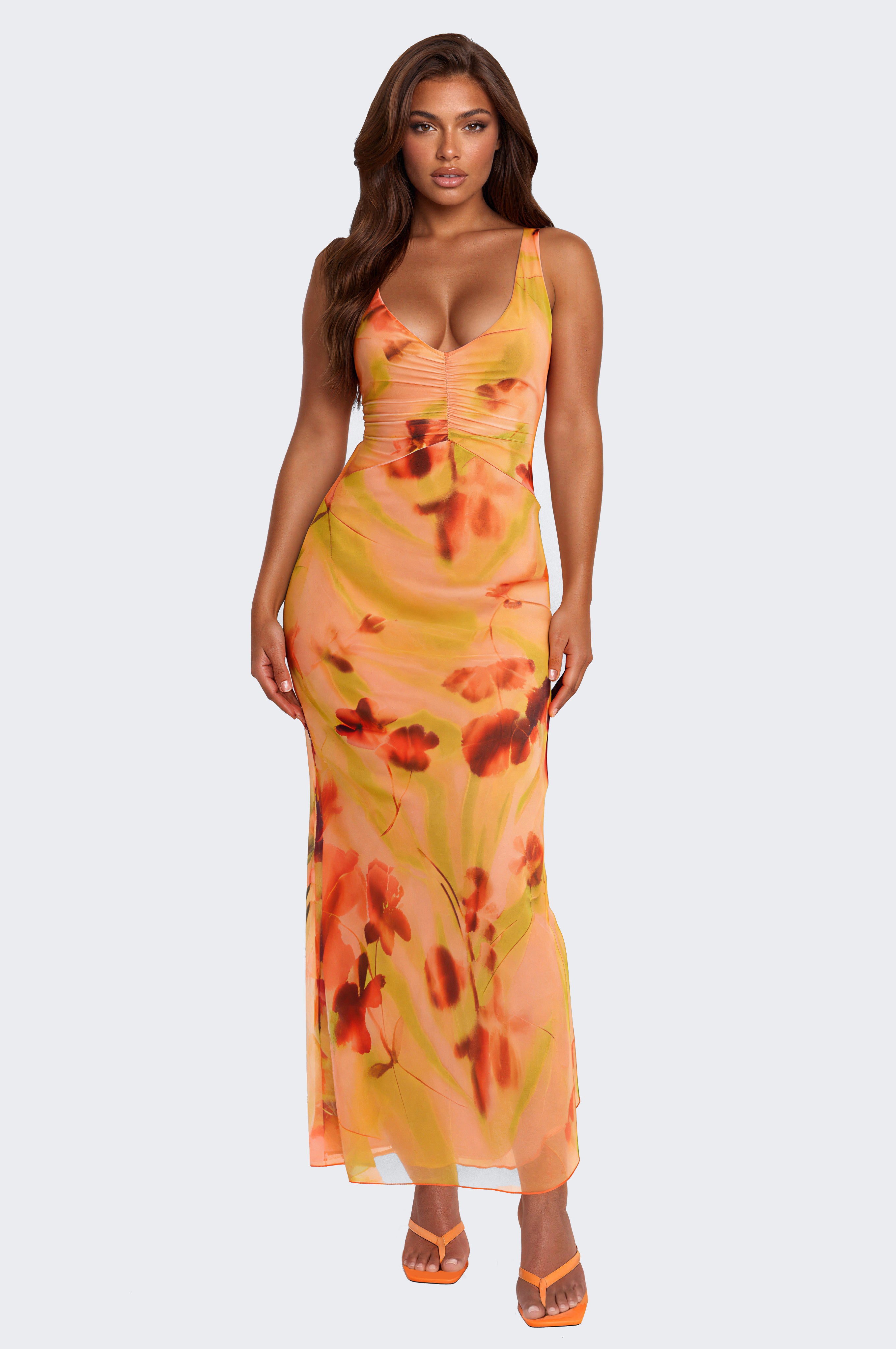 WIllow Mesh Maxi Dress - Orange/combo