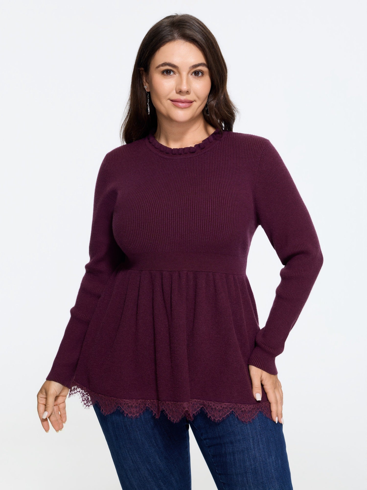 Supersoft Ruffle Neck Lace Hem Peplum Pullover