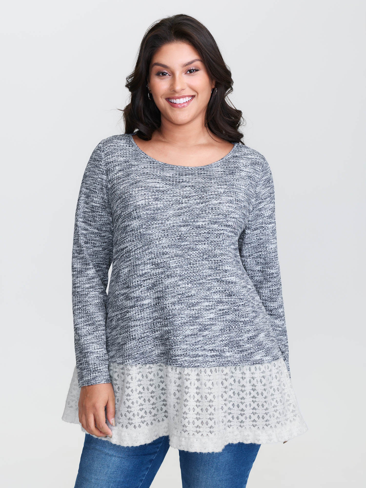 Plain Layered Lace Hem Knit Top