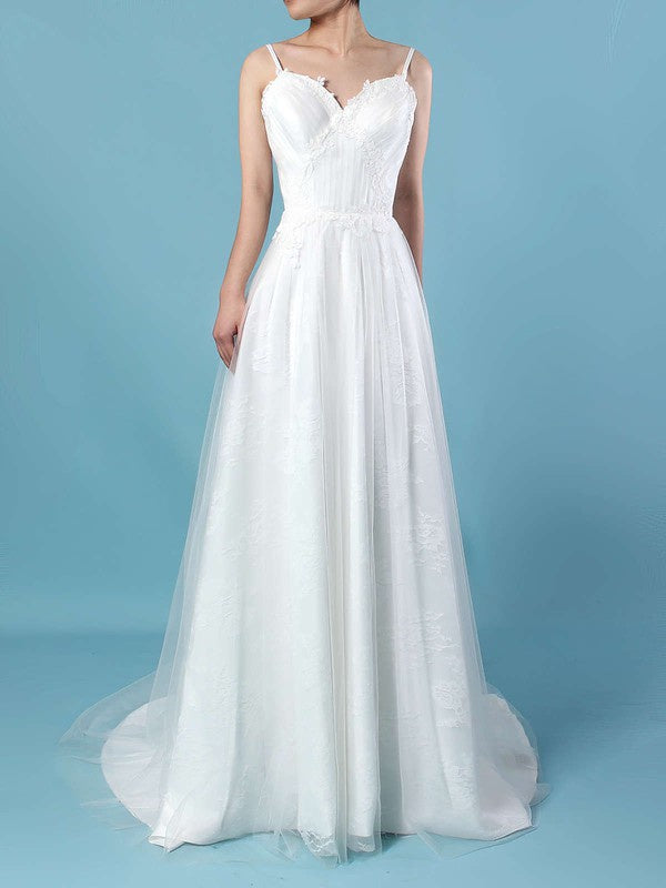 Fabulous A-Line Sweetheart Tulle Lace Sweep Train Wedding Dresses
