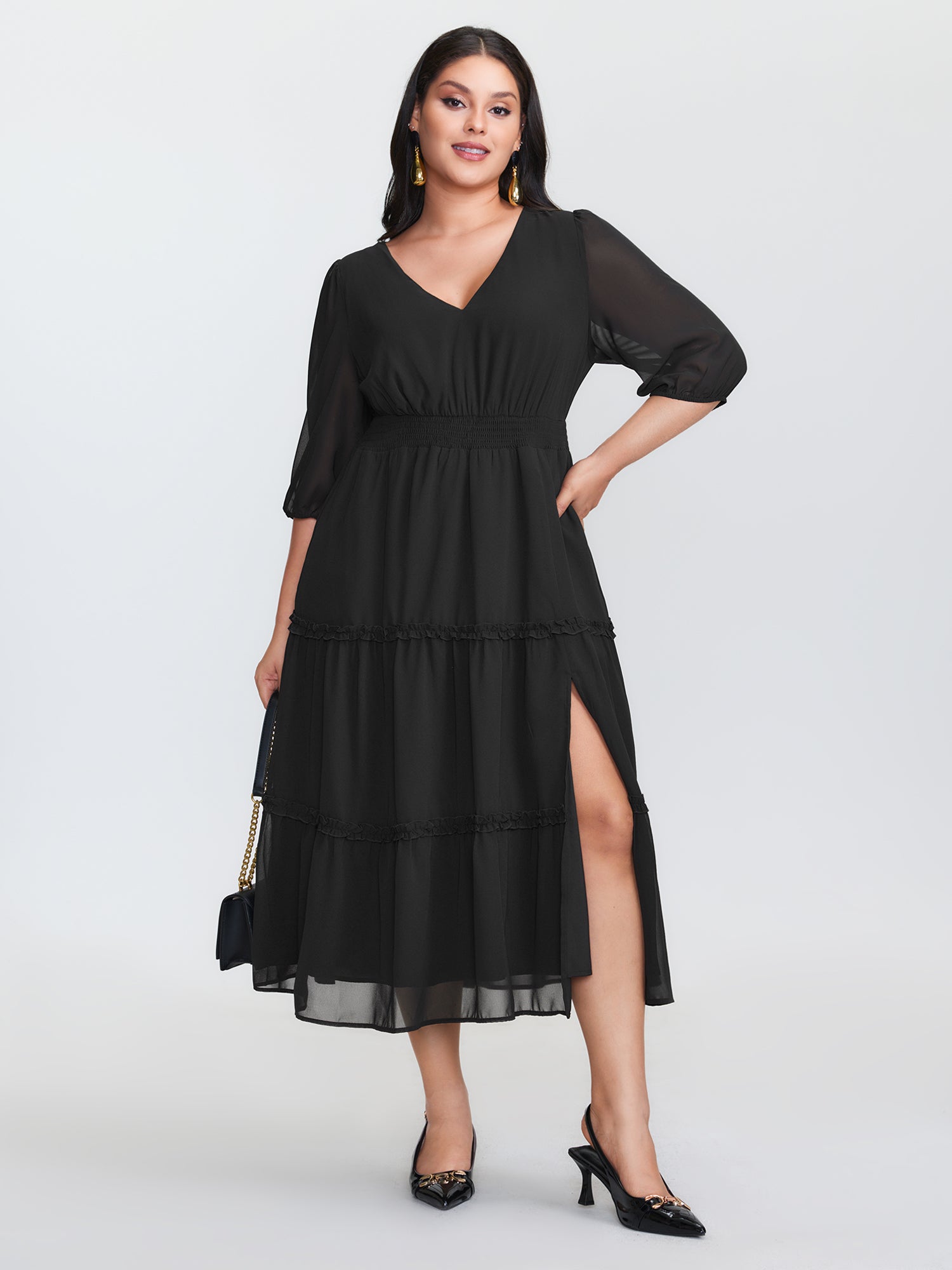 Sheer Chiffon Cinched Waist Tiered Maxi Dress