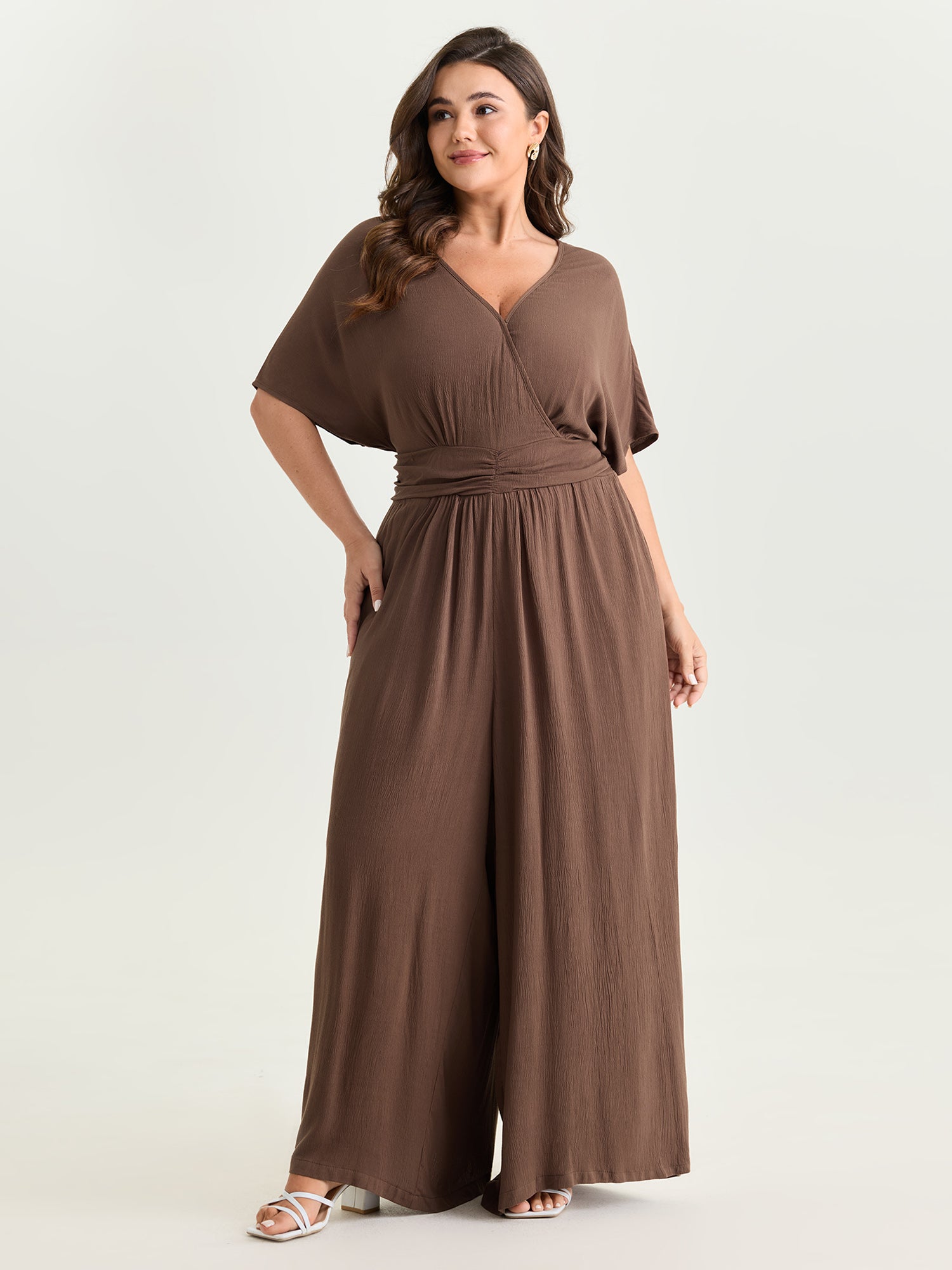 Textured Pleated Waist Surplice Jumpsuit