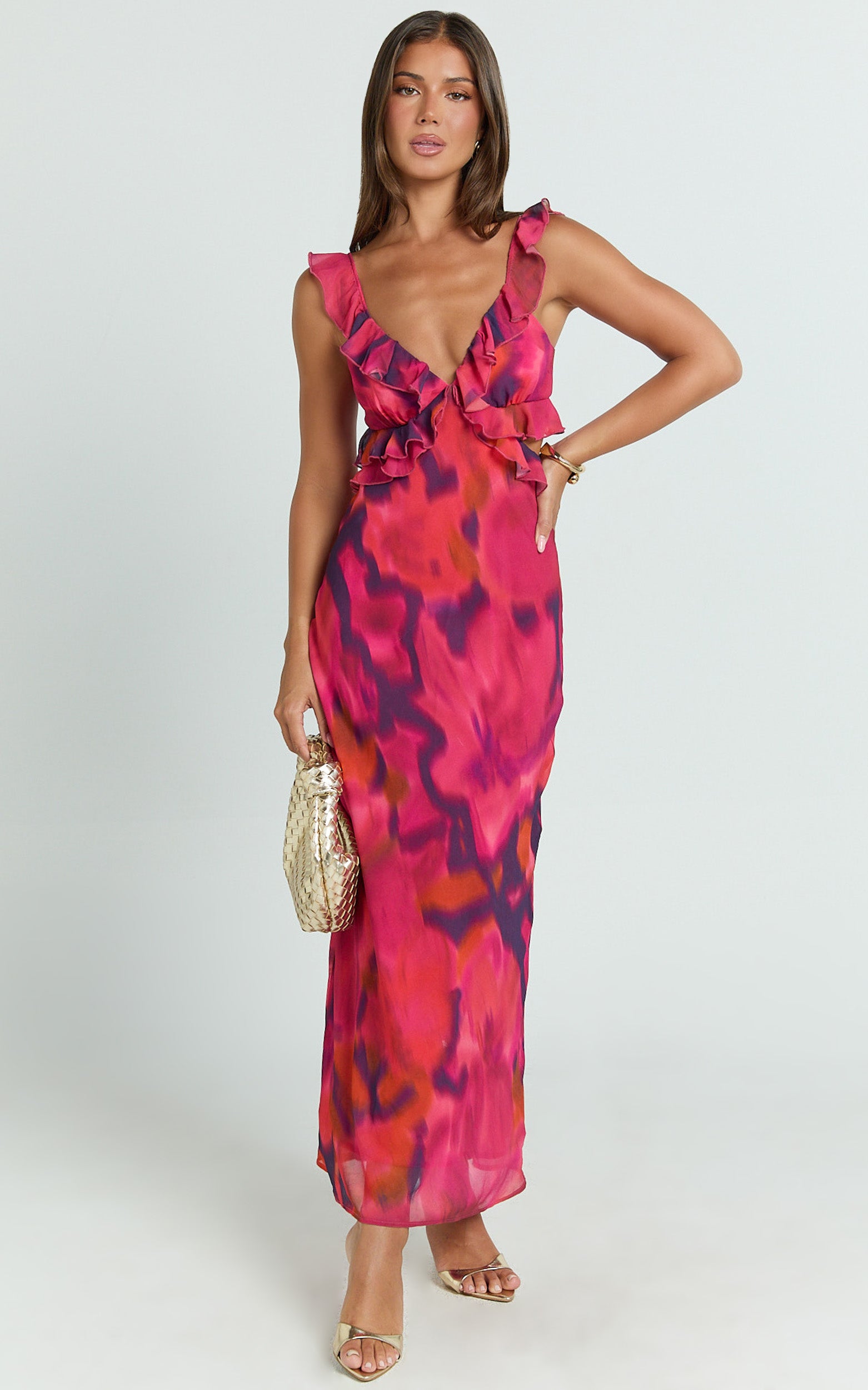 Alessa Midi Dress - V Neck Frill Detail Empire Waist Back Cut Out Dress in Adeana Print