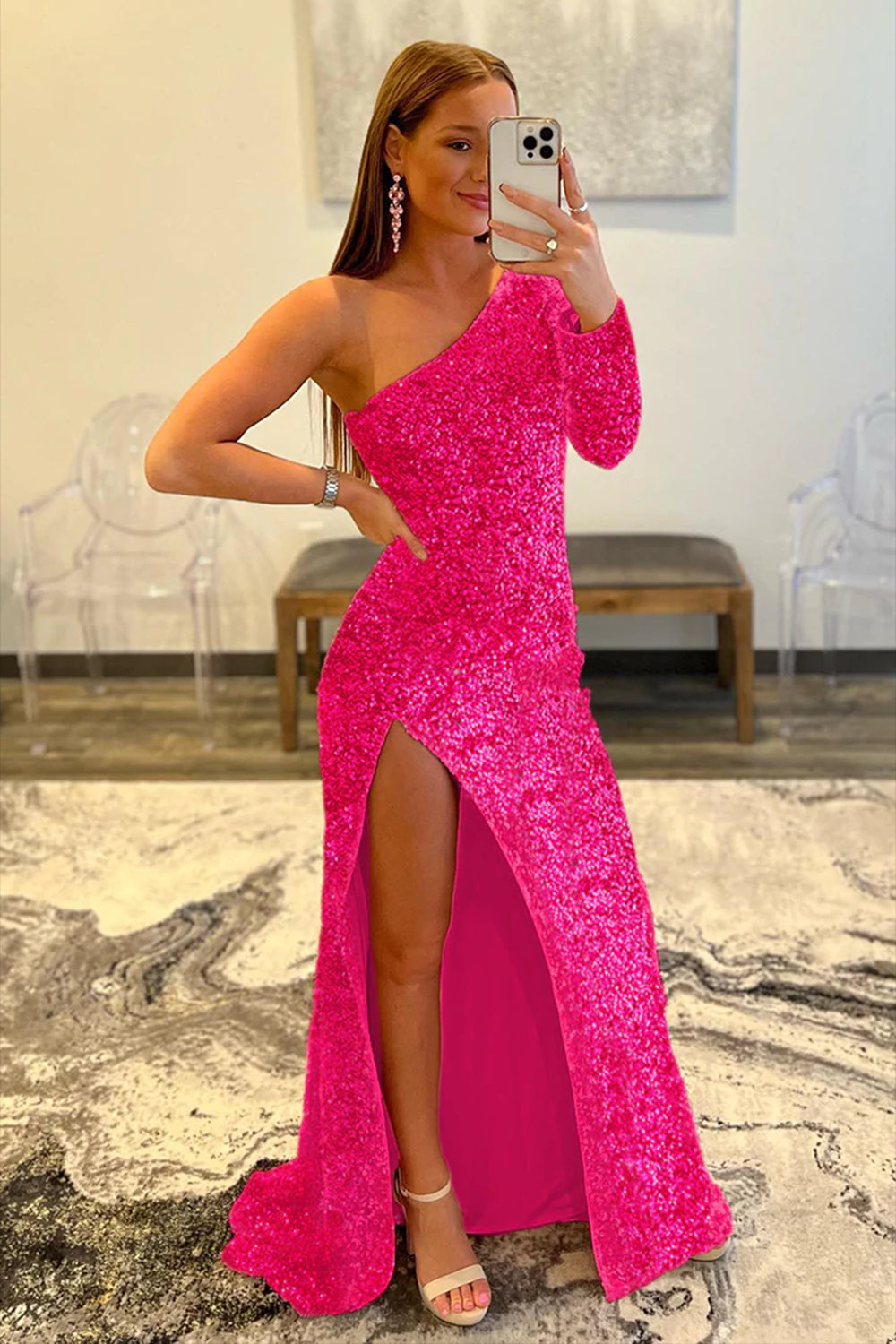 Sequined Prom Dress with One Shoulder in Pink
