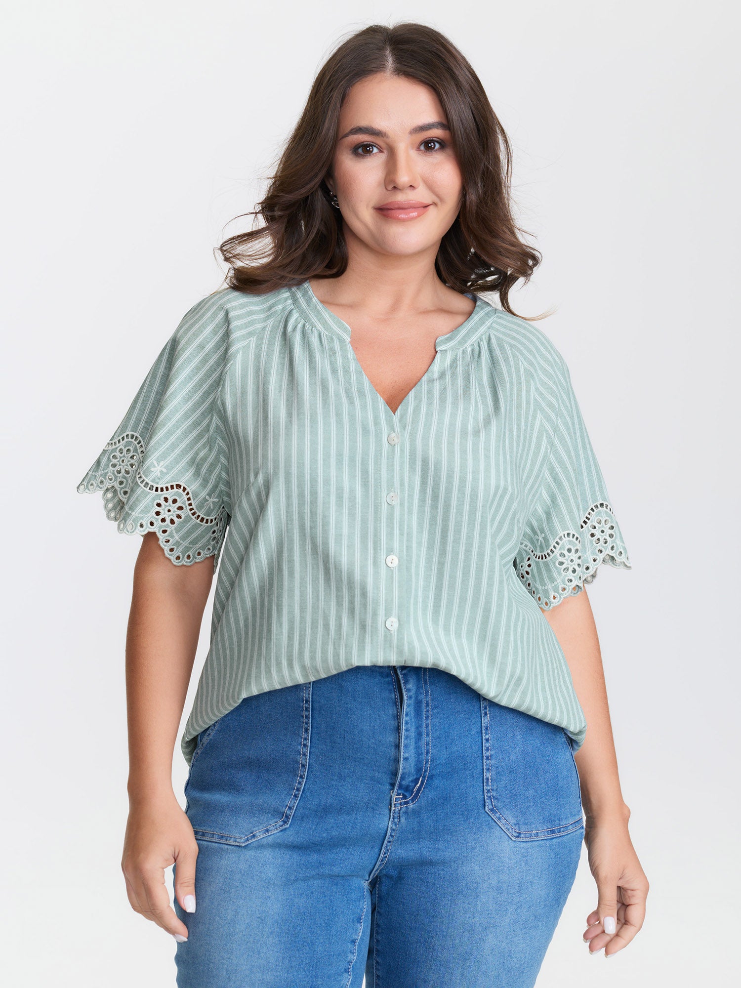 Striped Cut-Out Embroidery Blouse