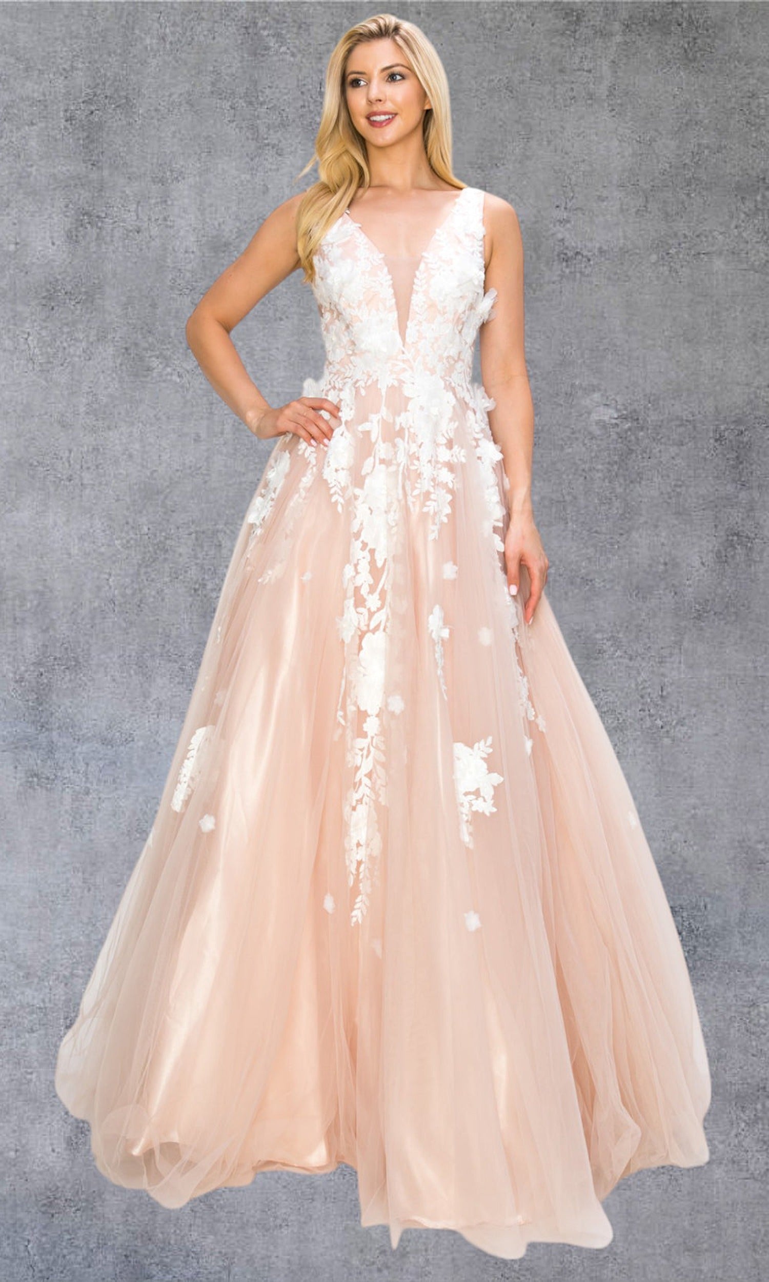 Cinderella Couture 8040J - Plunging V-Neck Applique Layered Gown