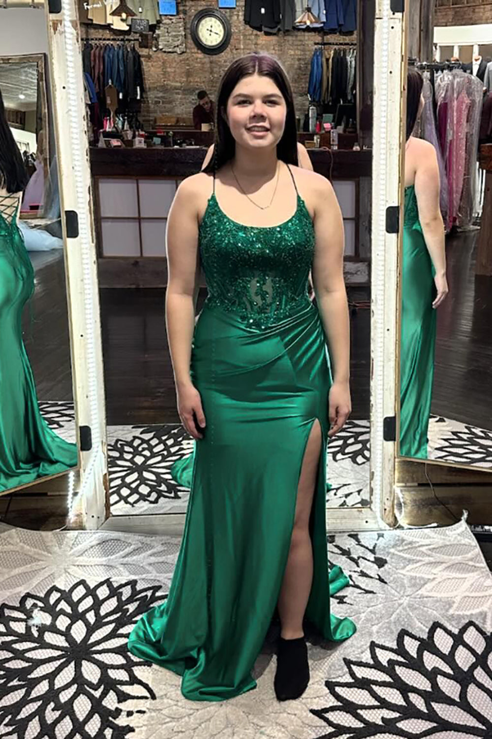 Long Prom Dress with Emerald Green Spaghetti Straps and Satin Applique Featuring a Slit