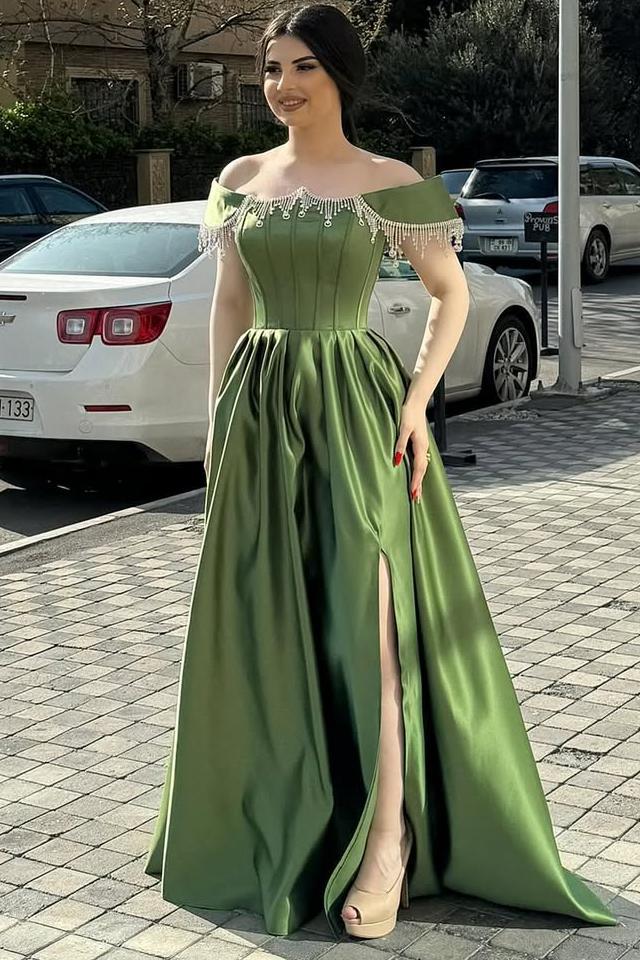 Off the Shoulder Sleeveless Long Split Formal Dress With Beading