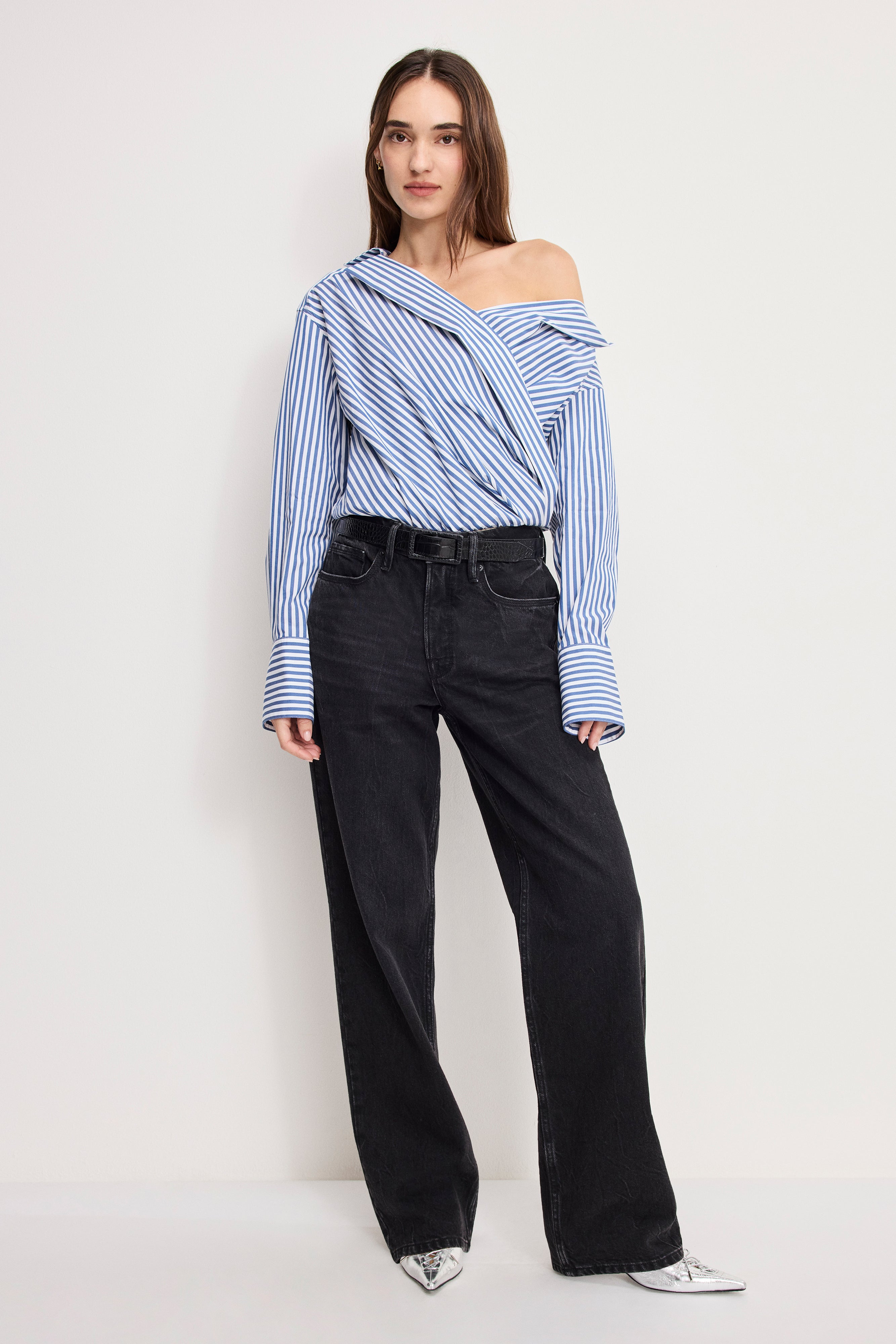 OFF-SHOULDER POPLIN BODYSUIT | INDIGO STRIPE