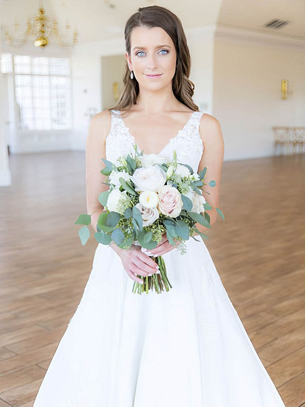 Chic V-Neck Backless Lace Satin Court Train A-Line Wedding Dresses