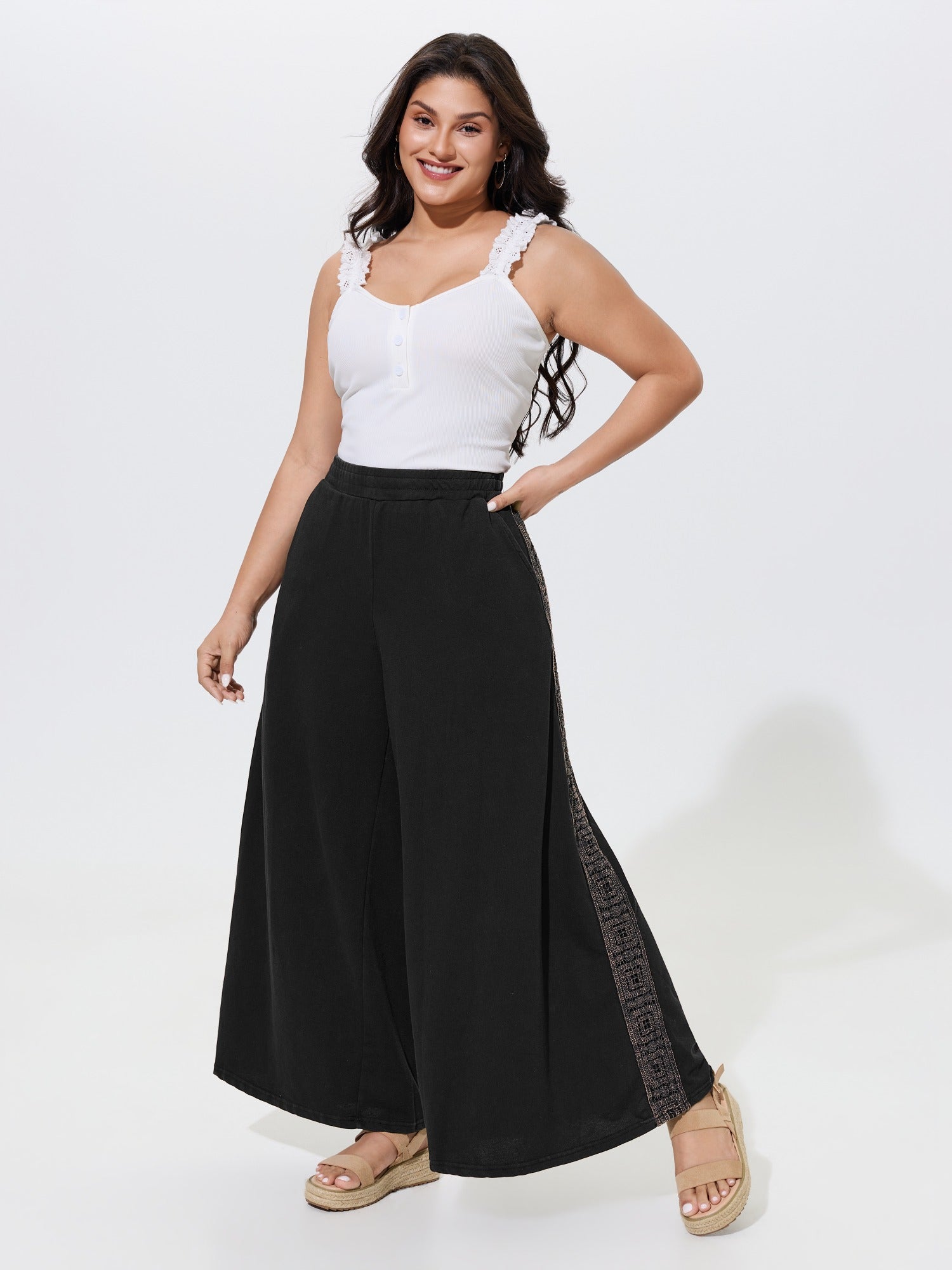 Boho Geometric Trim Wide Leg Pants