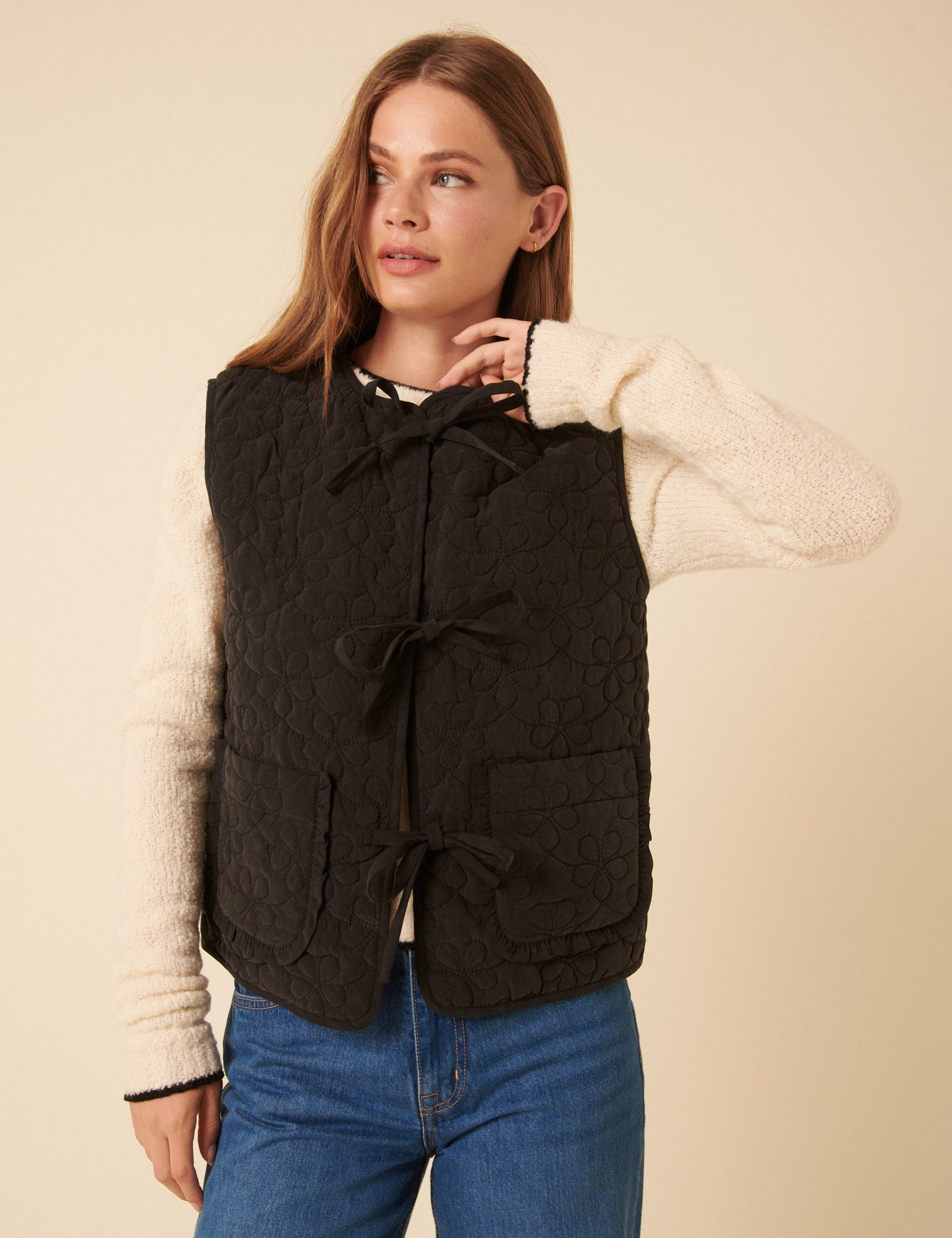 Black Tie Front Quilted Gilet