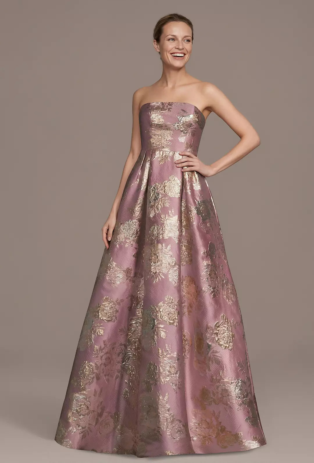 Strapless Brocade Straight Neck A-Line Dress