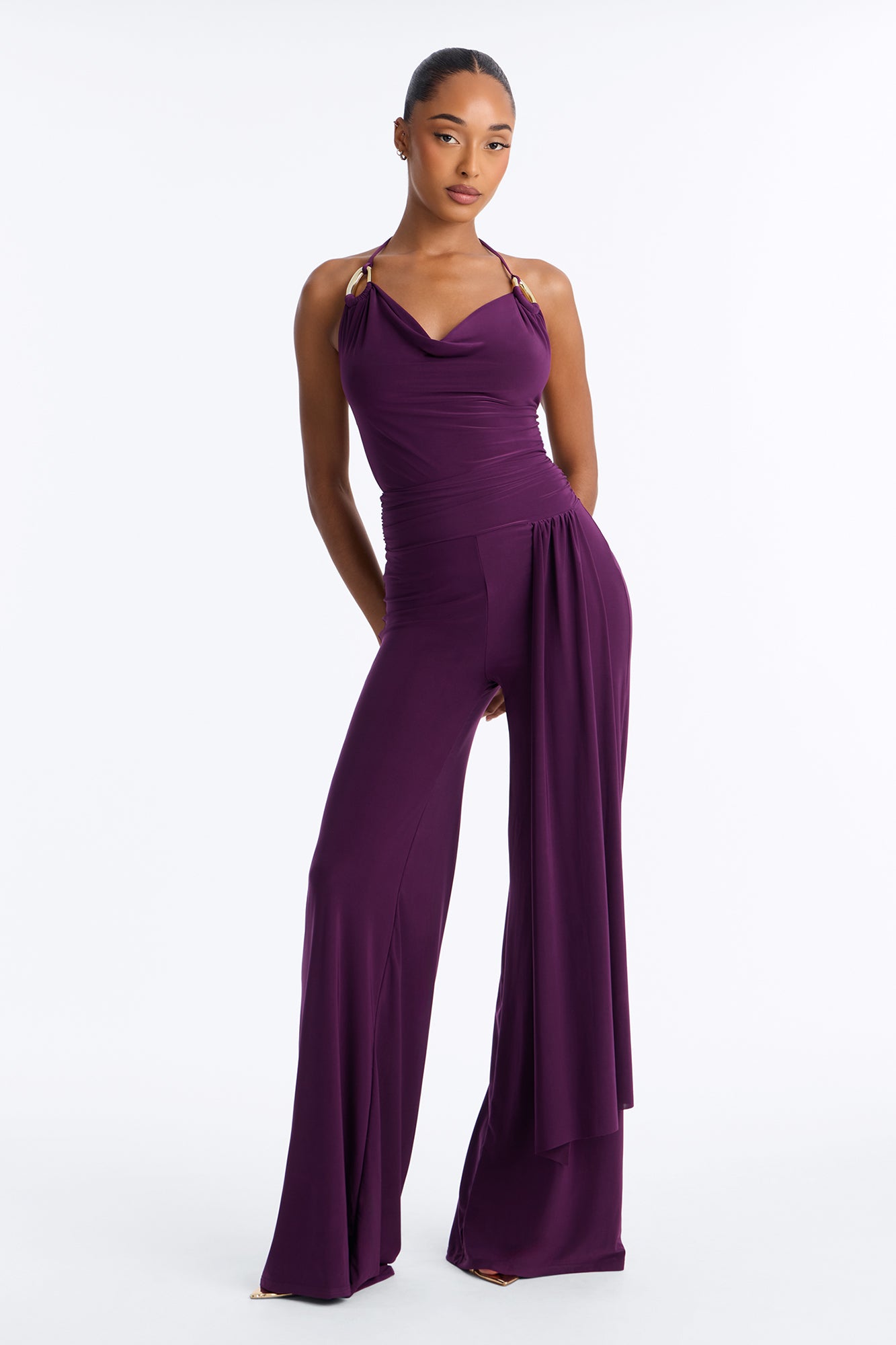 Draped Muse Cowl Neck Wide Leg Jumpsuit - Plum